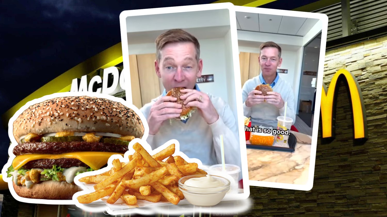 Nowa kanapka Big Arch w McDonald's. Sieć napompowała balon, teraz możesz go spróbować CEO McDonald's probuje BigArch. W tle budynek McDonalds. Zestaw BigArch.