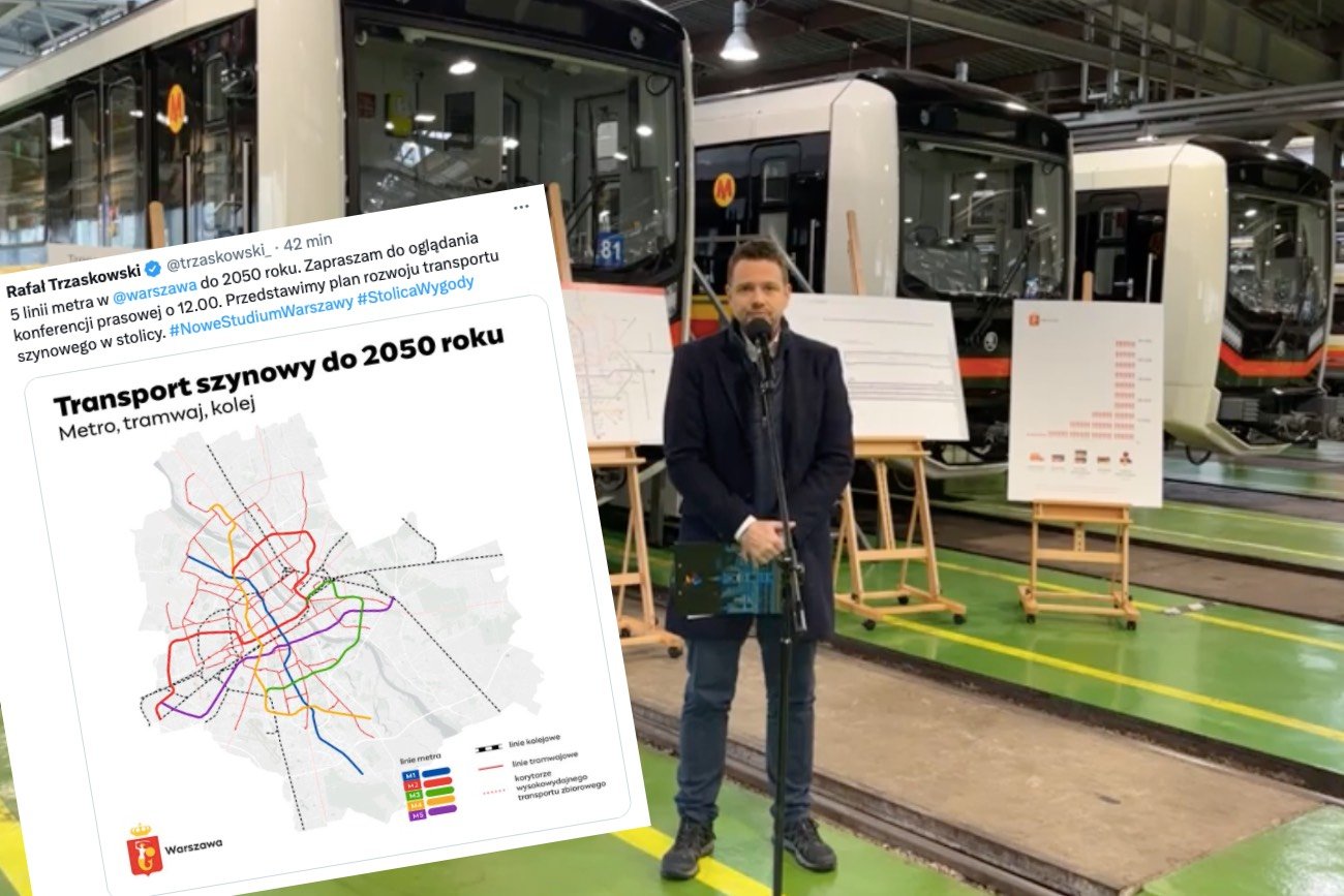 Konferencja prasowa prezydenta Warszawy Rafała Trzaskowskiego. Padła obietnica: 5 linii metra do 2050 roku