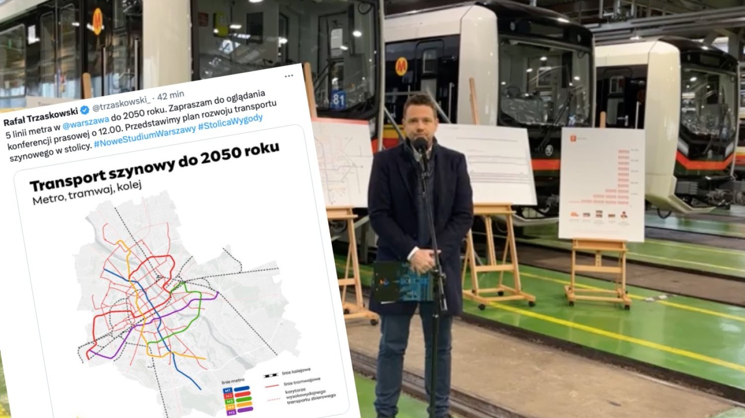 Konferencja prasowa prezydenta Warszawy Rafała Trzaskowskiego. Padła obietnica: 5 linii metra do 2050 roku