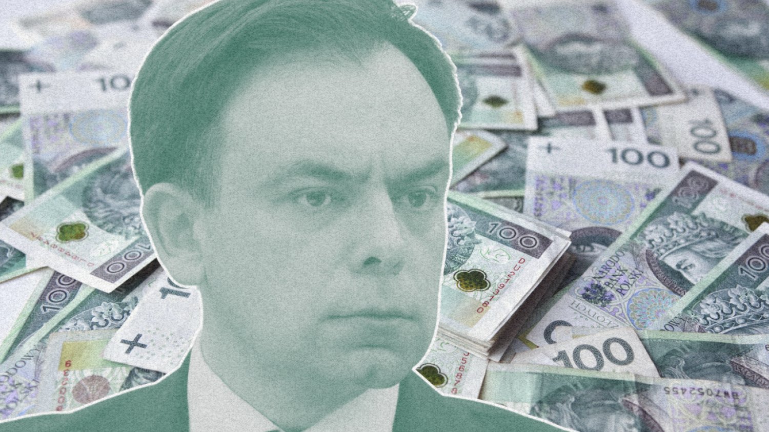 Andrzej Domański na tle banknotów.