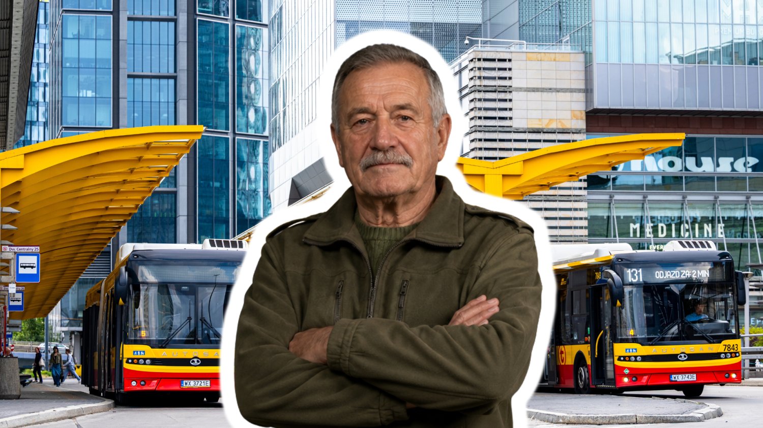 Darmowa komunikacja w Warszawie. Stolica oddaje dług tym, którzy na to zasłużyli Starszy mężczyzna, weteran. W tle przystanek autobusowy obok Dworca Centralnego w Warszawie.