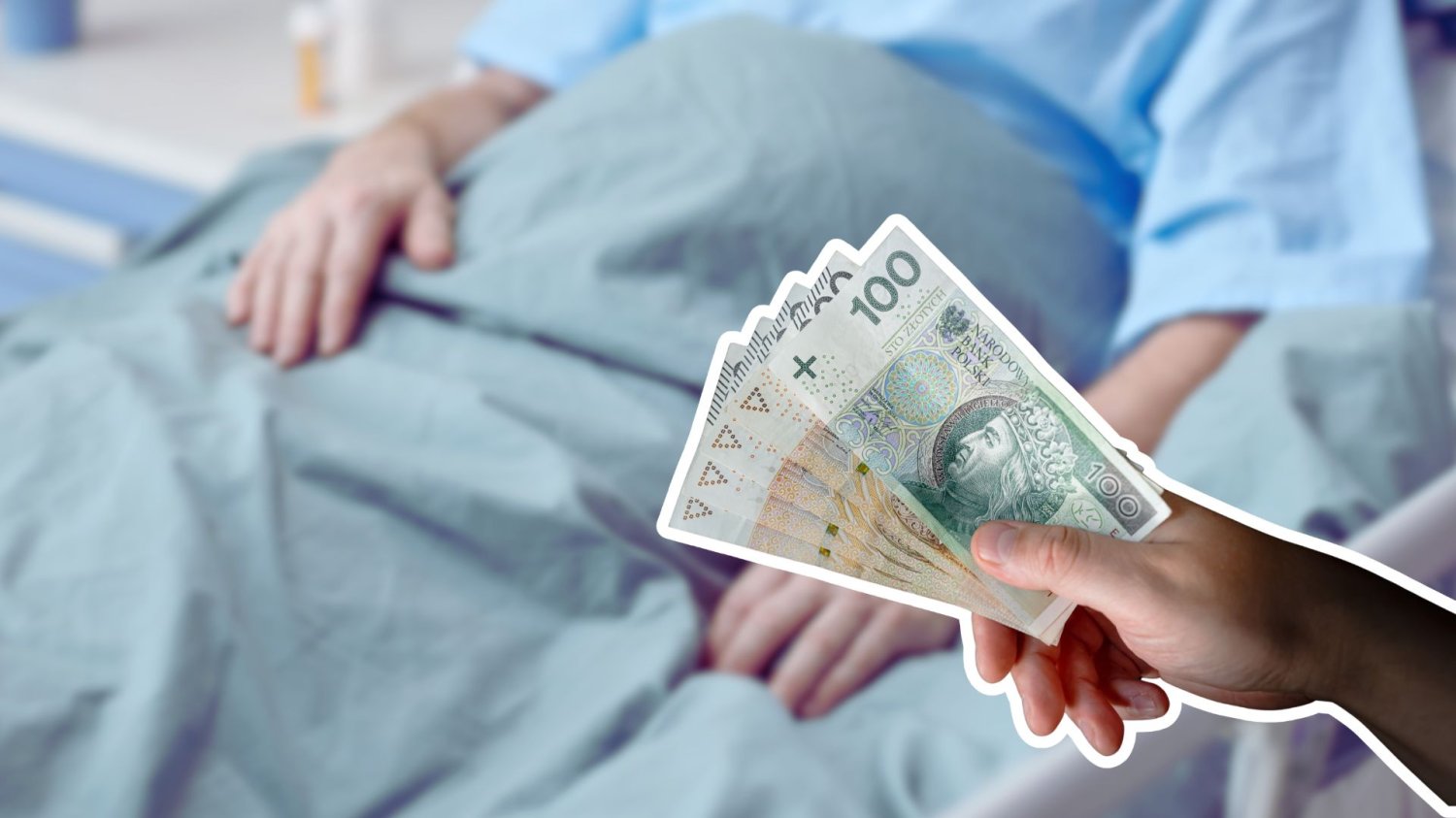 Świętokrzyskie inwestuje w onkologię. To będzie przełom dla pacjentów Osoba w łóżku szpitalnym i ręka z banknotami. Świętokrzyskie inwestuje w onkologię. Szpital inwestuje w badania i modernizacje