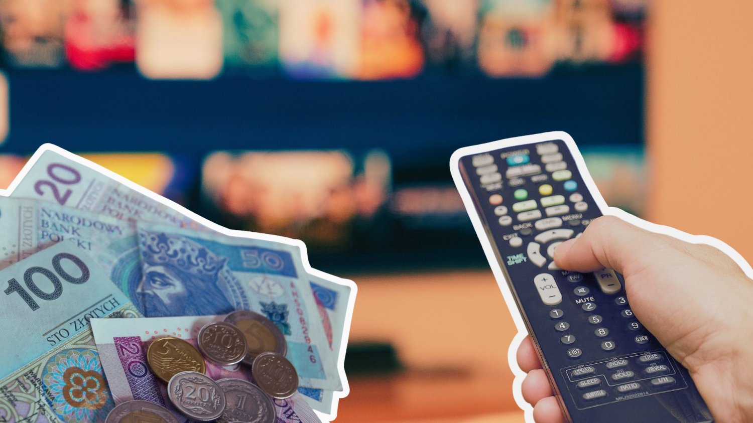 Telewizor i pilot w ręce oraz wklejone pieniądze. Koniec z unikaniem abonamentu RTV. Nowa opłata dopadnie Cię automatycznie