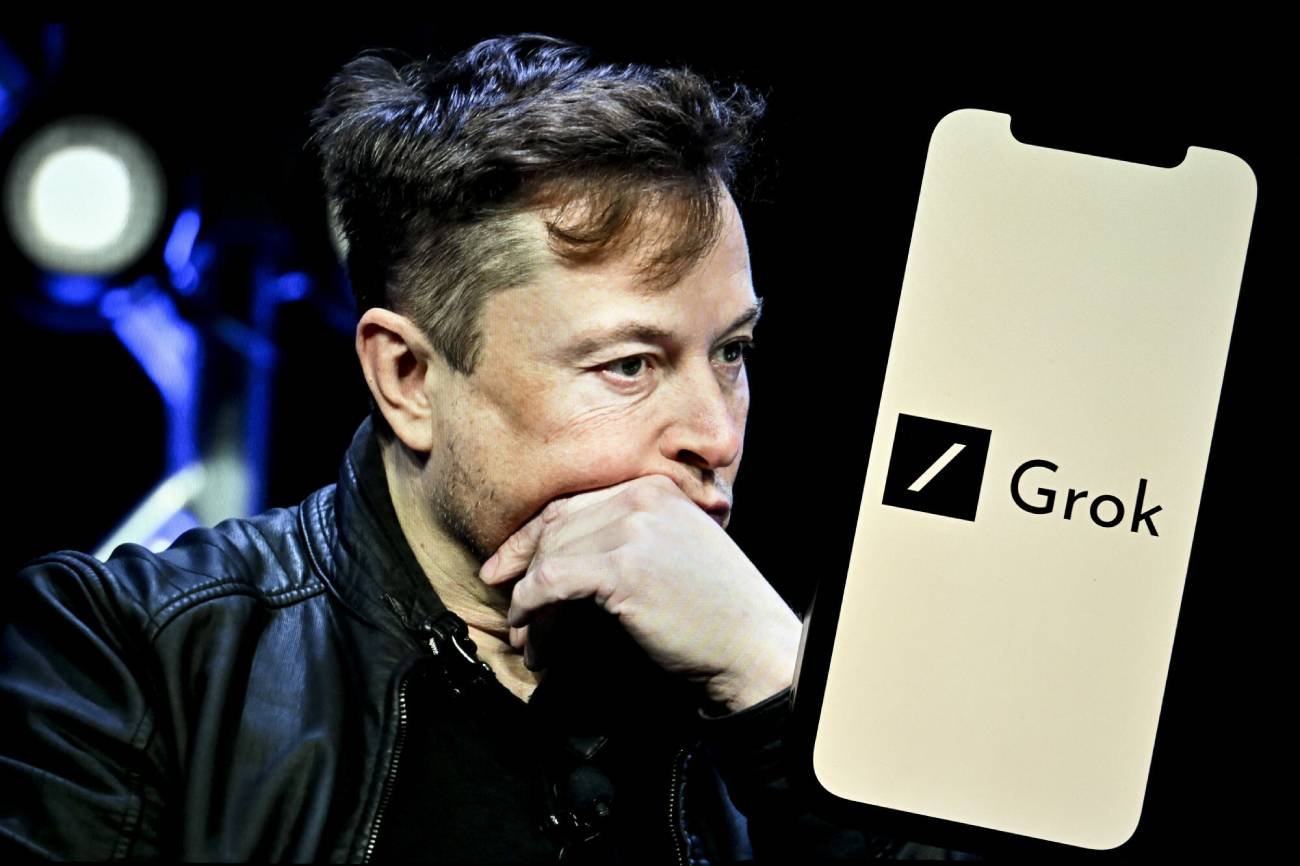 Elon Musk i logo Grok.
