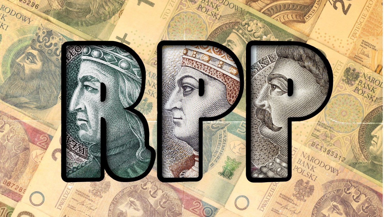 Napis "RPP" z banknotów polskich na tle polskich banknotów.