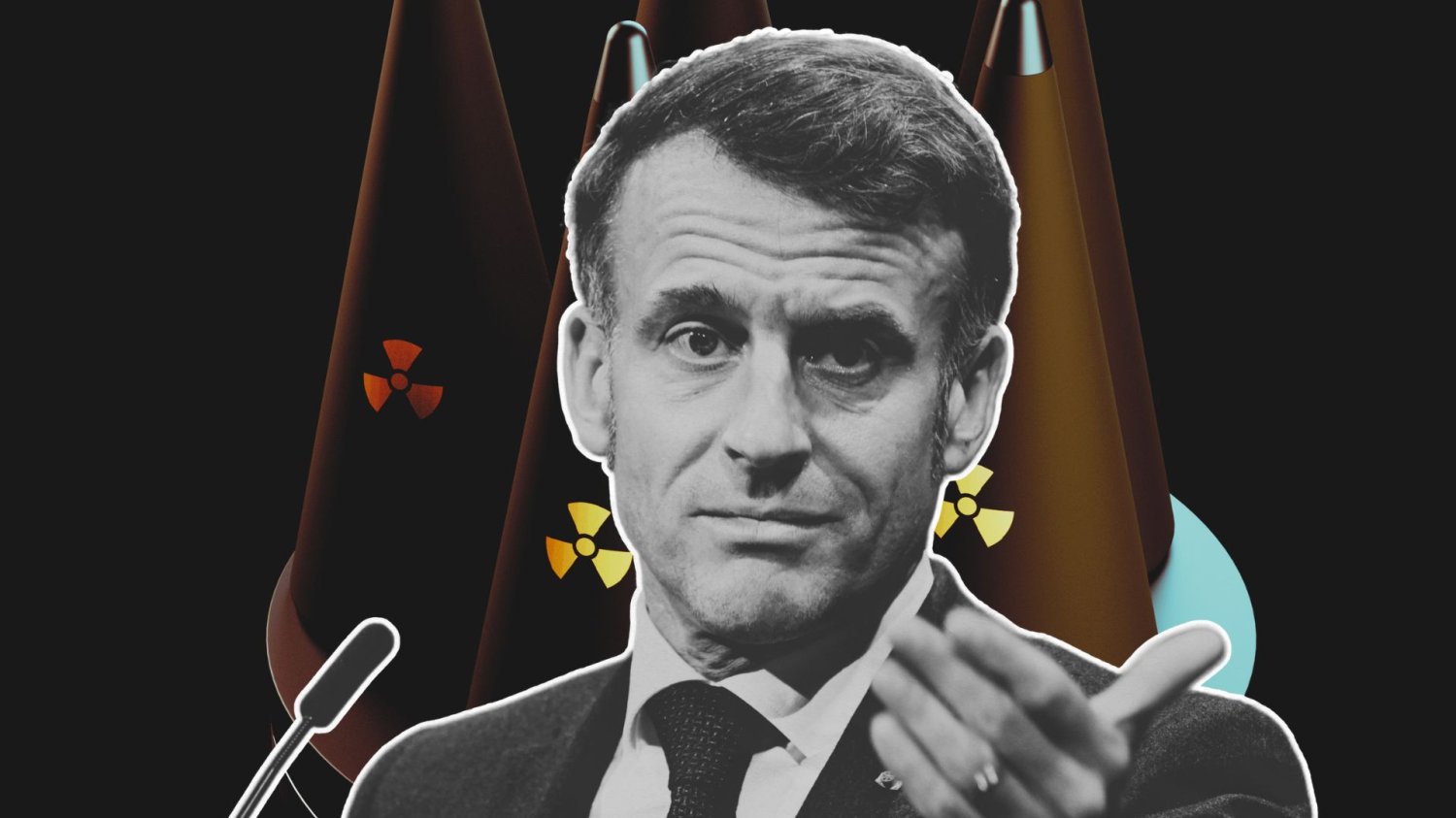 Atomowy parasol trzyma tylko jedna ręka. Prasa: Polska będzie uzależniona od kaprysów Francji Prezydent Francji Emmanuel Macron na tle głowic jądrowych.
