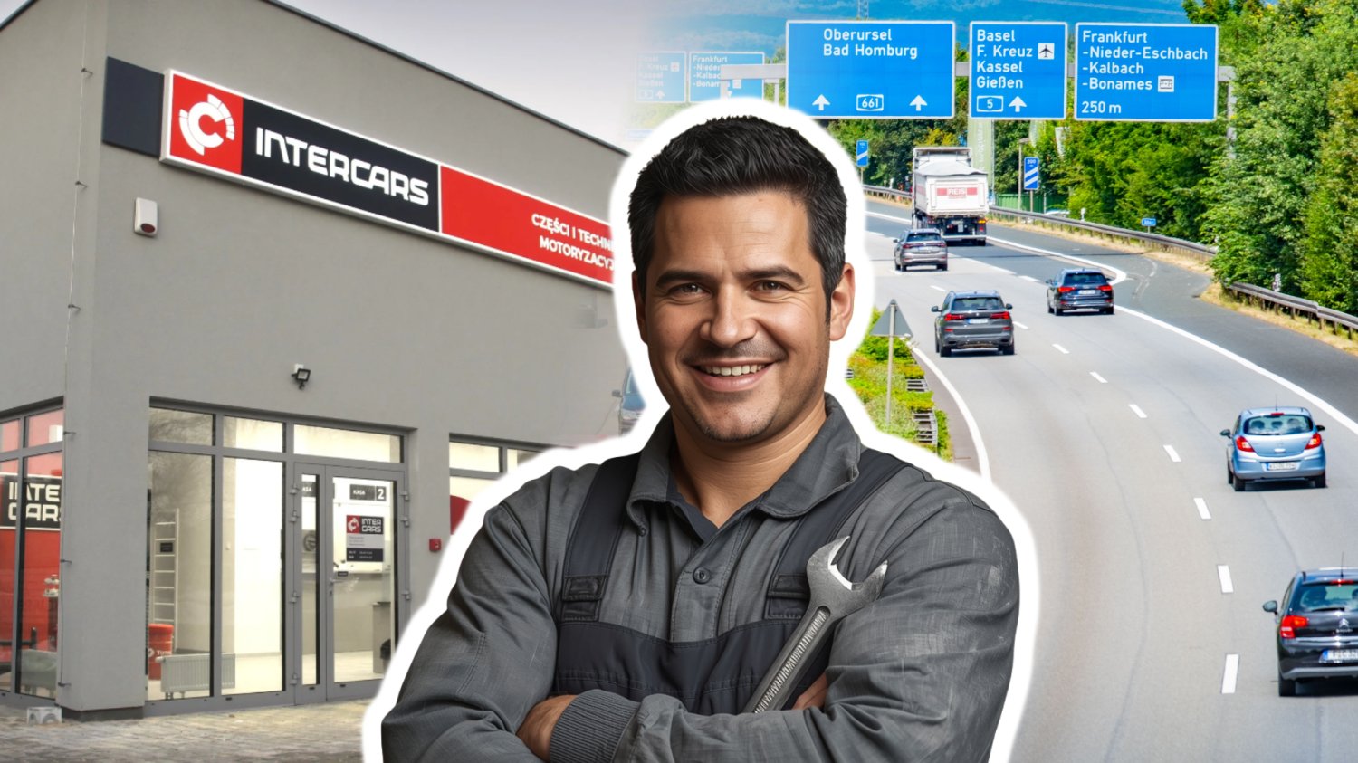 Mechanik wygenerowany przez AI z kluczem francuskim. W tle niemiecka autostrada i budynek InterCars