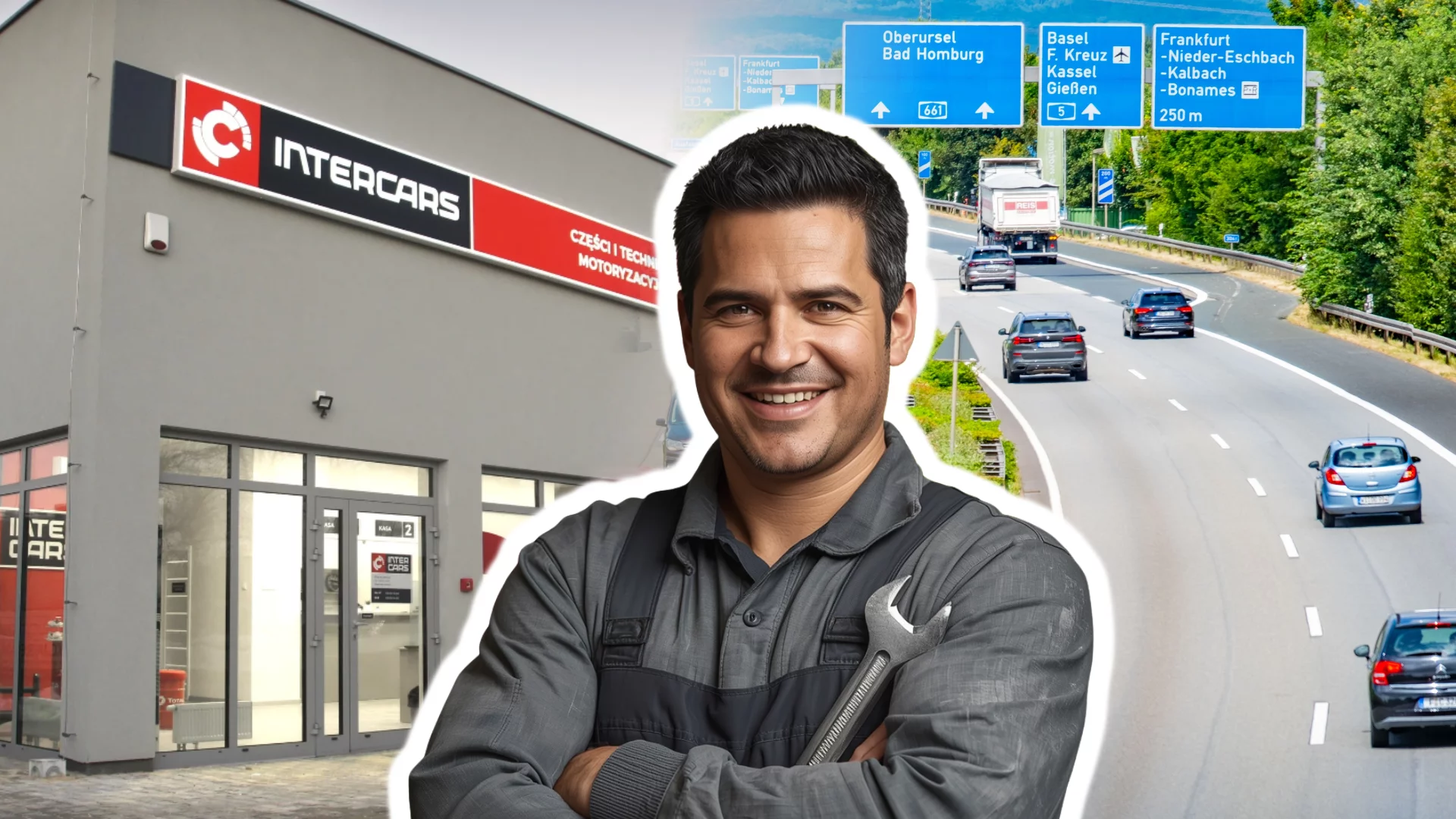 Mechanik wygenerowany przez AI z kluczem francuskim. W tle niemiecka autostrada i budynek InterCars