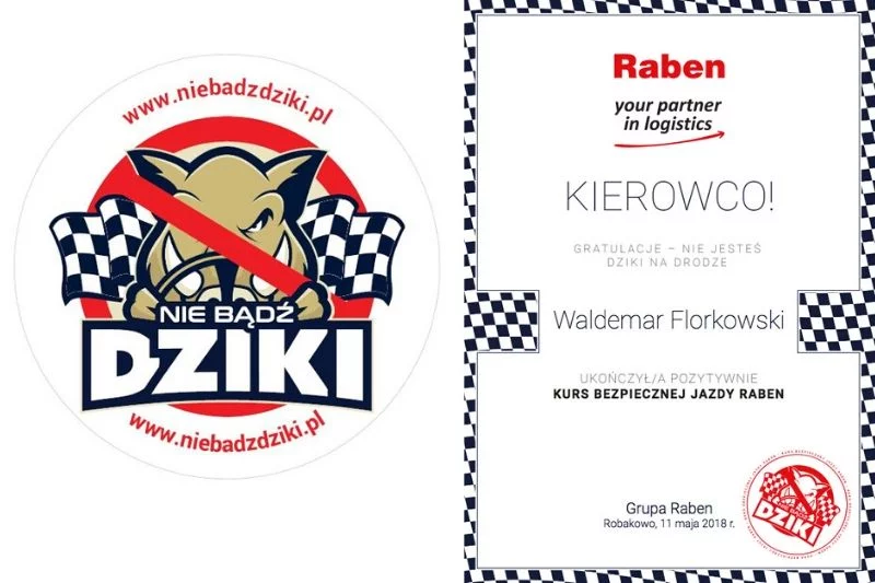 Logo skierowanej do polskich kierowców kampanii społecznej "Nie bądź dziki" oraz certyfikat ukończenia kursu "Kierowco! Nie jesteś dziki na drodze"