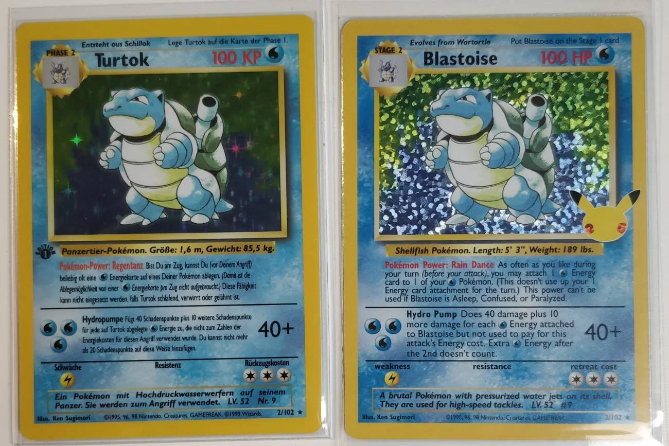 Foil Blastoise Base Set card in German, comparison to 25 anniversary Blastoise