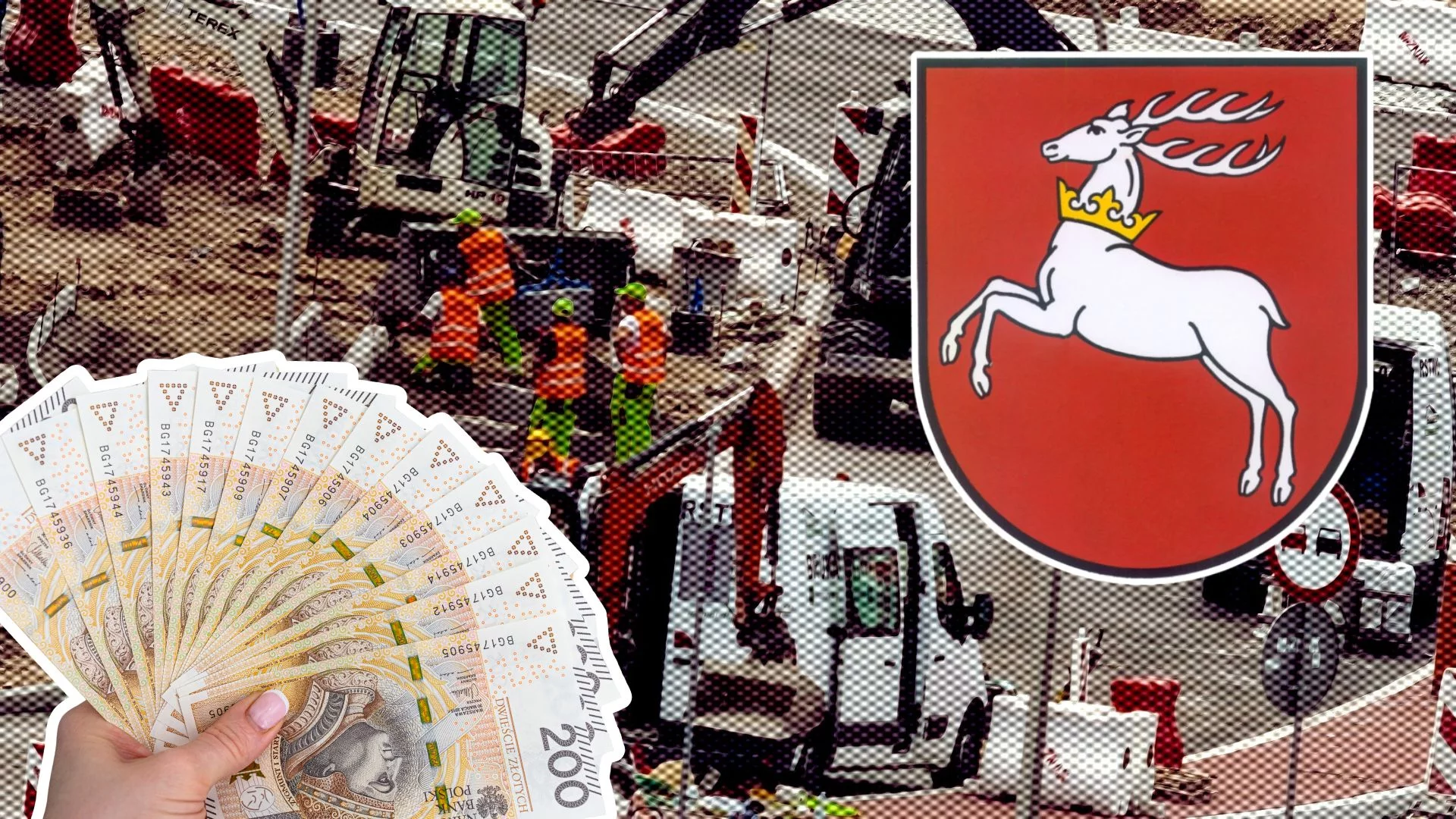 Roboty drogowe, herb lubelskiego i ręka z banknotami. Lubelskie inwestuje w drogi. 93 miliony złotych na komfort i bezpieczeństwo kierowców