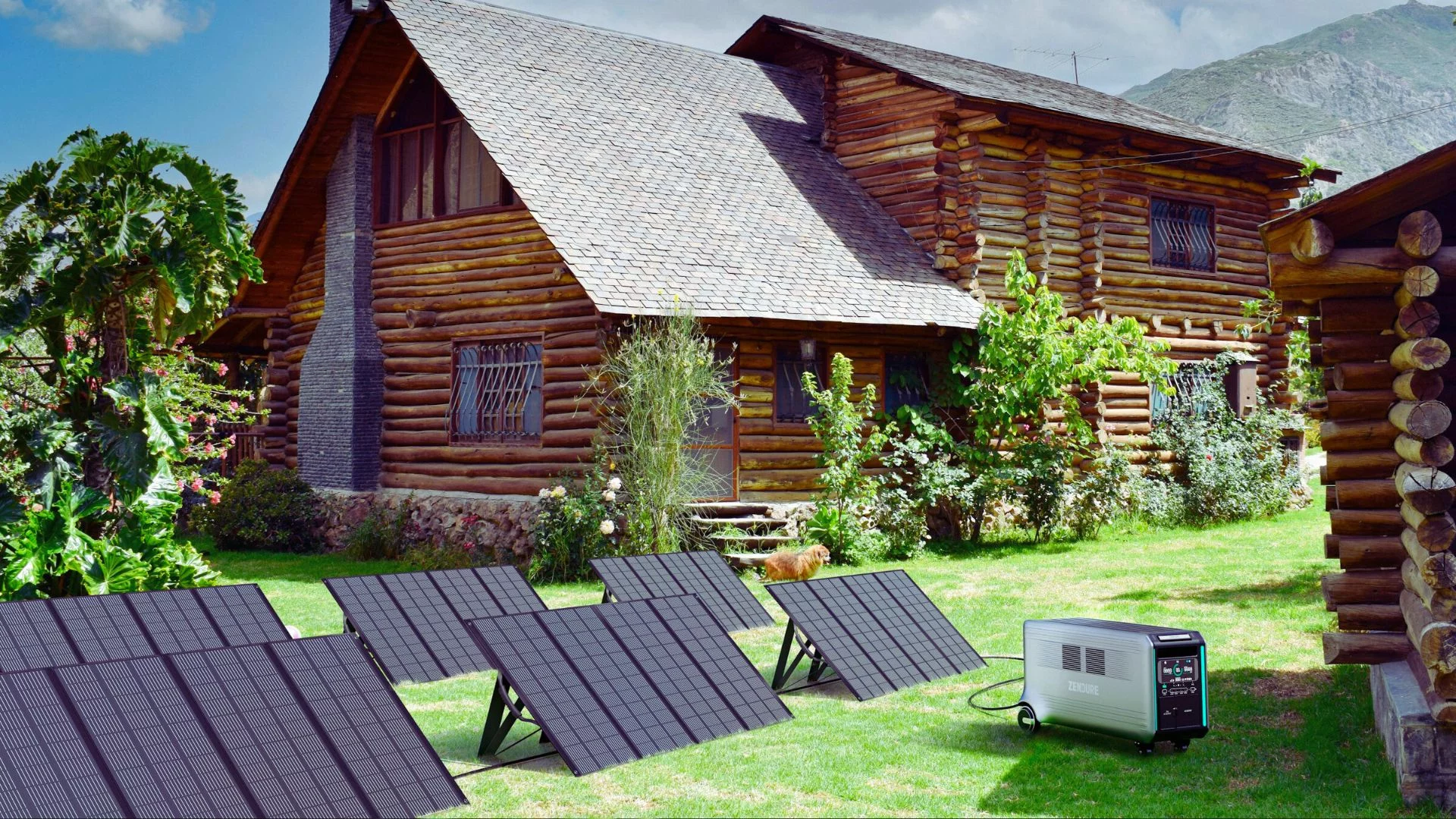 Panele fotowoltaiczne przed domem z drewna.