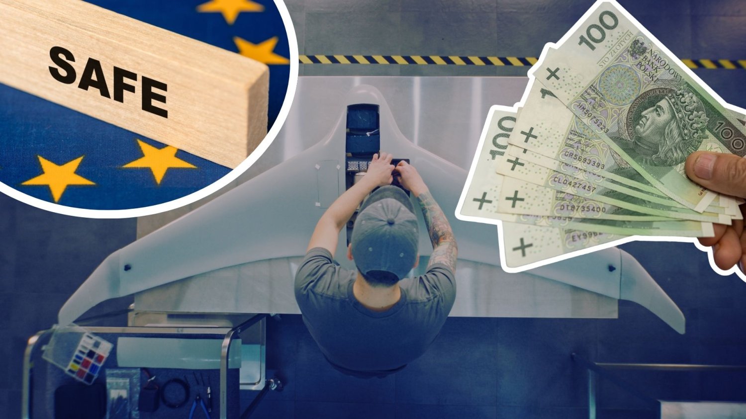 Wiemy kogo dokładnie szuka branża zbrojeniowa. 1400 ofert pracy w jedną dobę dzięki SAFE Pracownik przy dronie, napis SAFE, flaga Unii Europejskiej i ręka z polskimi banknotami. SAFE zapewni nowe miejsca pracy. 1400 ofert zatrudnienia zaledwie w jeden dzień