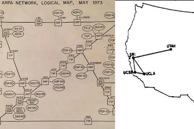 Dwie mapy, jedna z 1973, druga z 1969 roku. Cała dostępna wtedy sieć została tu umieszczona.