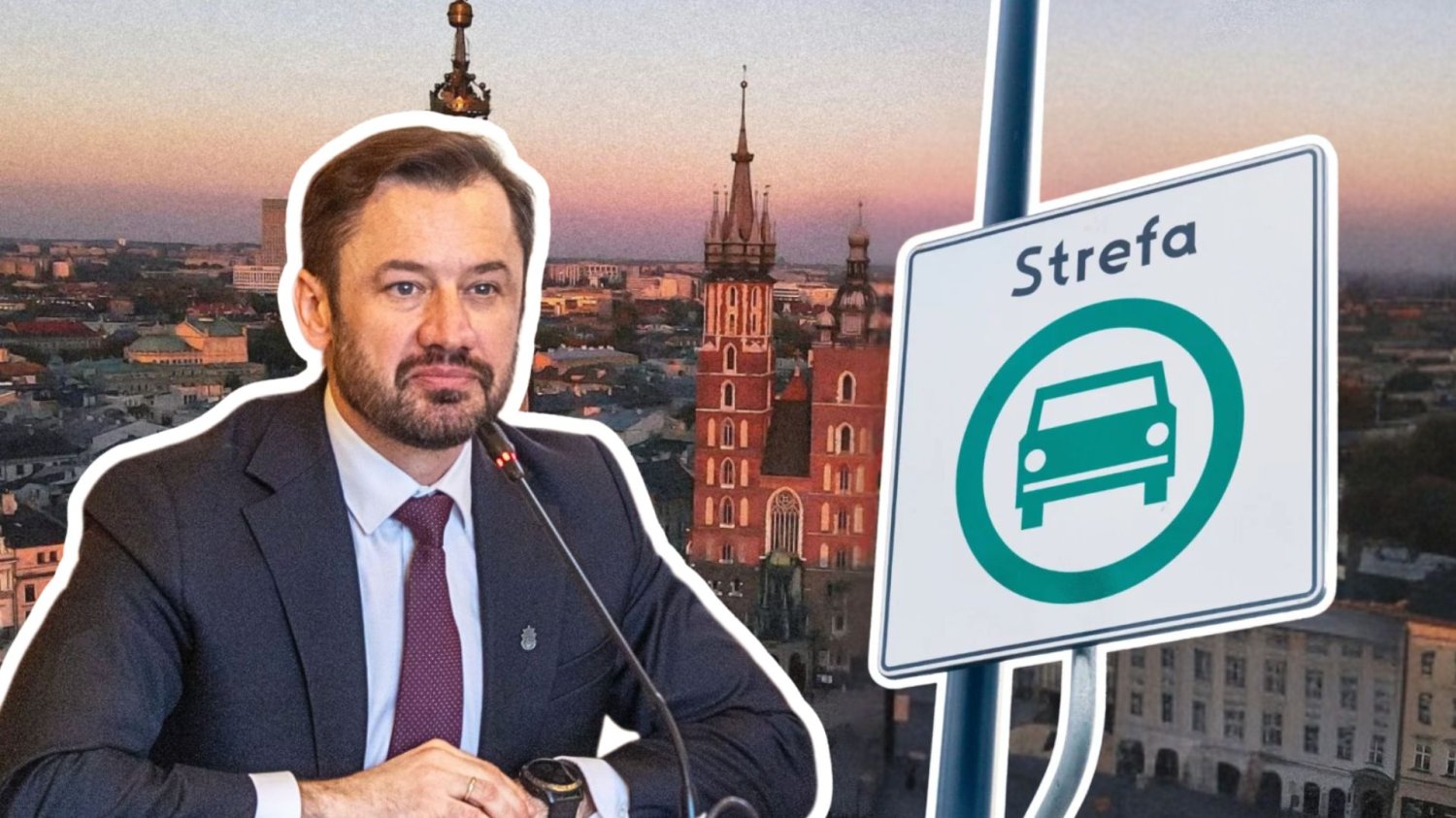 Referendum w Krakowie na ostatniej prostej. Wojna o SCT dolewa oliwy do ognia. Aleksander Miszalski, znak Strefy Czystego Transportu na tle panoramy Krakowa.