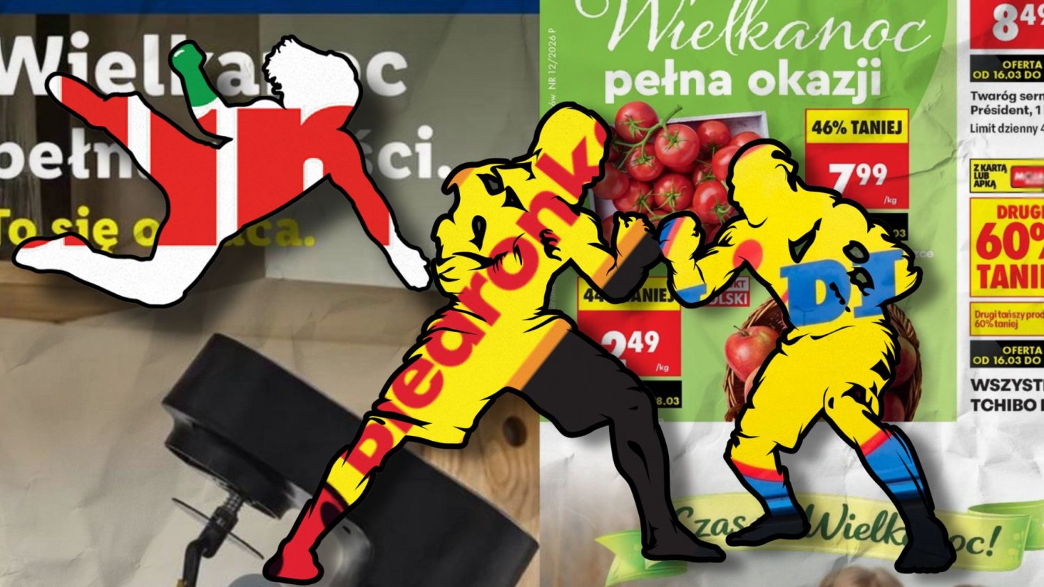 Polacy marzą, aby dyskonty walczyły ostrzej na ceny. Sklepy niekoniecznie będą chciały Walczące sylwetki z logiem Dino, Biedronki i Lidla na tle swoich gazetek.