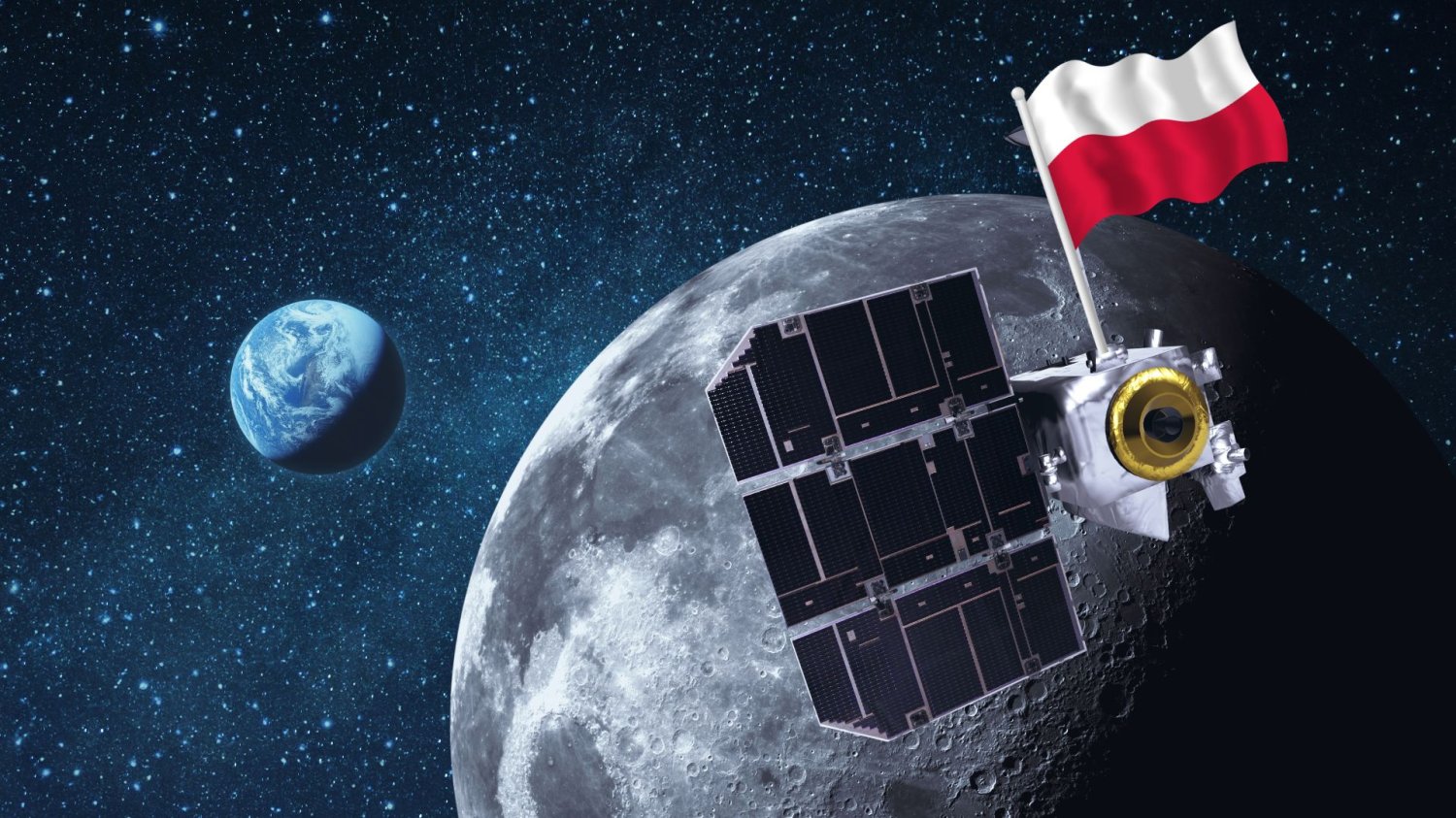 Satelita obserwujący Księżyc i polska flaga. Firma Scanway wybrana przez ESA do ważnego projektu dla badania Srebrnego Globu.