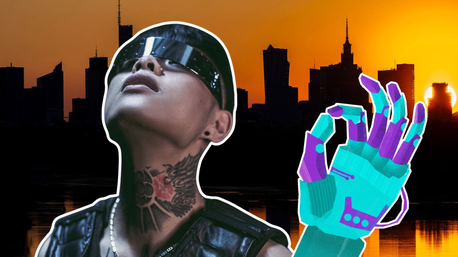 Osoba w stylu cyberpunk, sztuczna ręka i tło Warszawy. Wedle badania Polacy są gotowi na implanty.