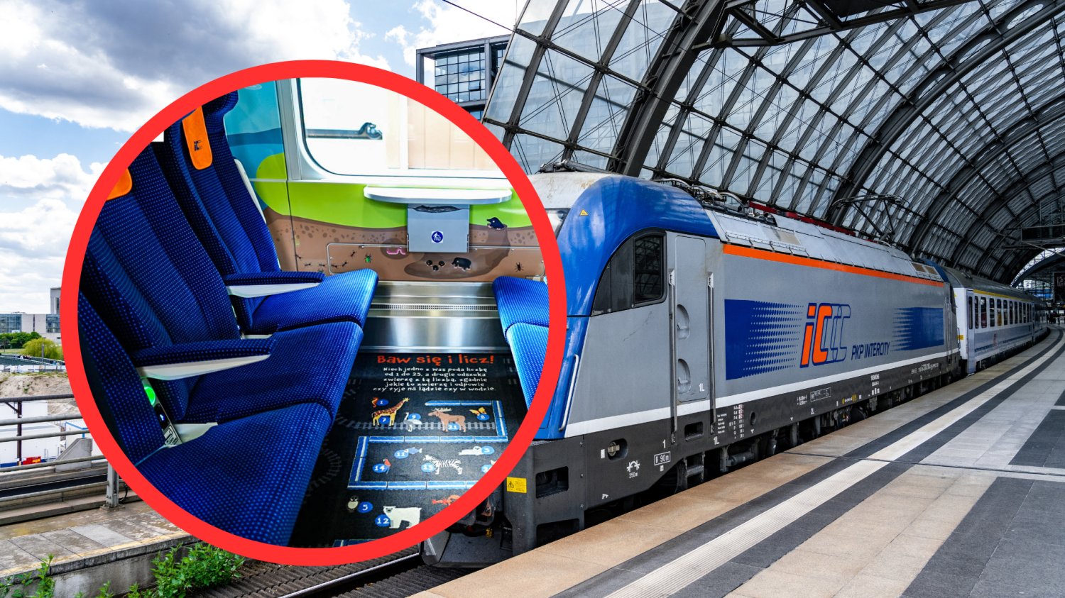 PKP Intercity odbiera wagony COMBO. Tak zmieni się podróż pociągami w Polsce Pociag Intercity na peronie. W czerwonym kółku nowy wagon Combo w środku.