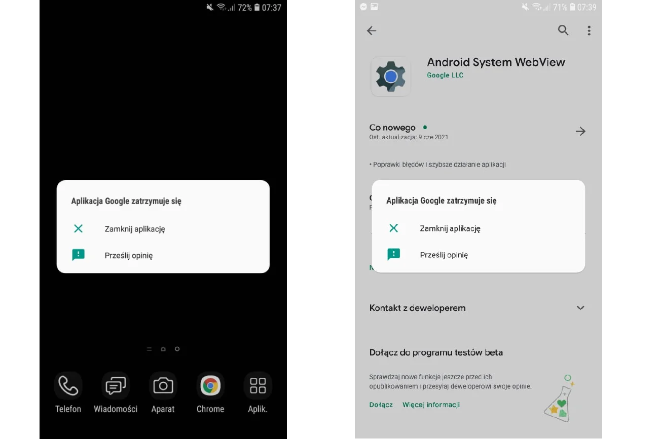 Zrzuty ekranu pokazujące błąd w aplikacji Google na Androida.