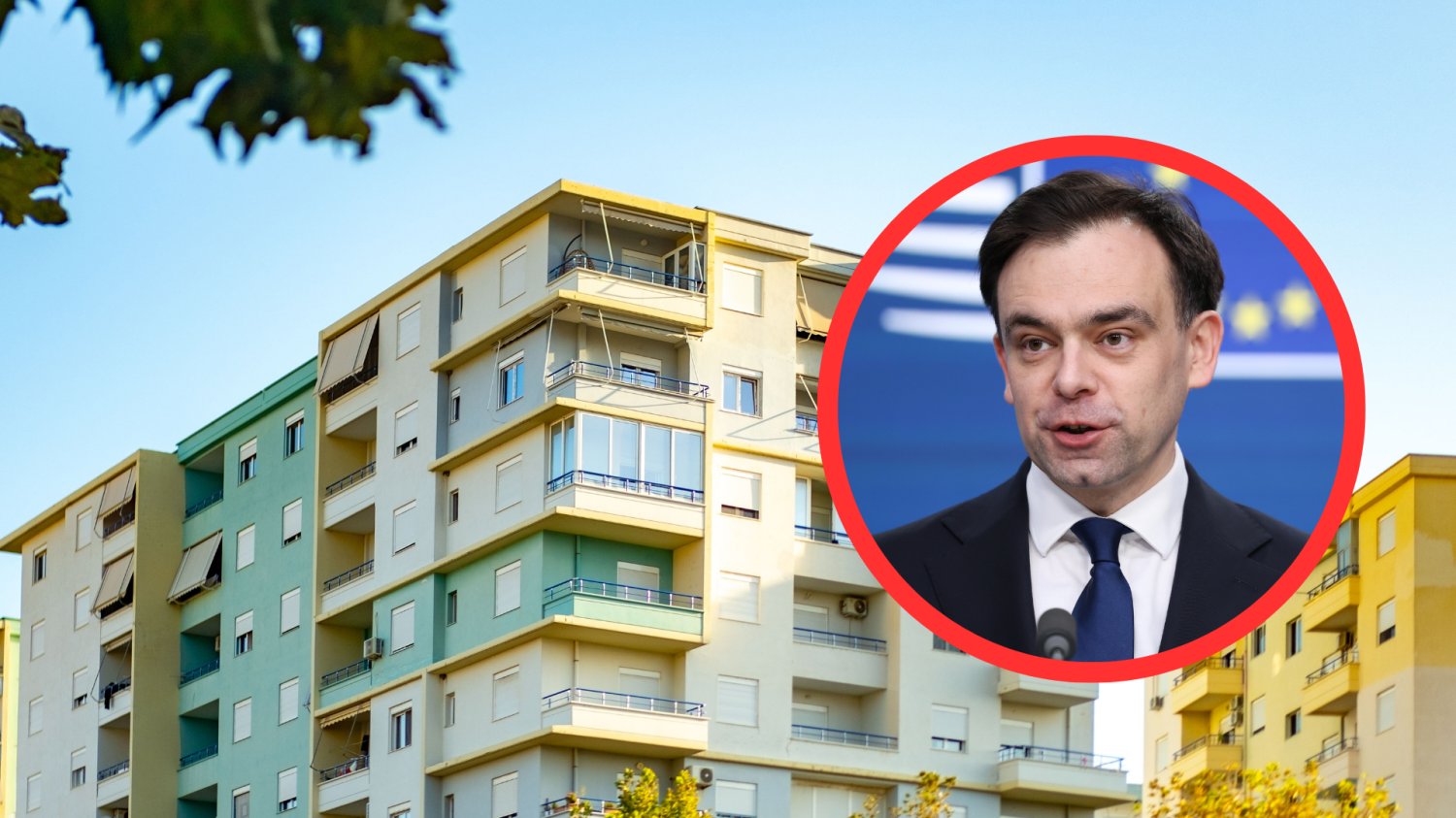 Koniec szybkich eksmisji w Polsce. Właściciele mieszkań nie będą zachwyceni. Minister Andrzej Domański. W tle osiedle mieszkaniowe.