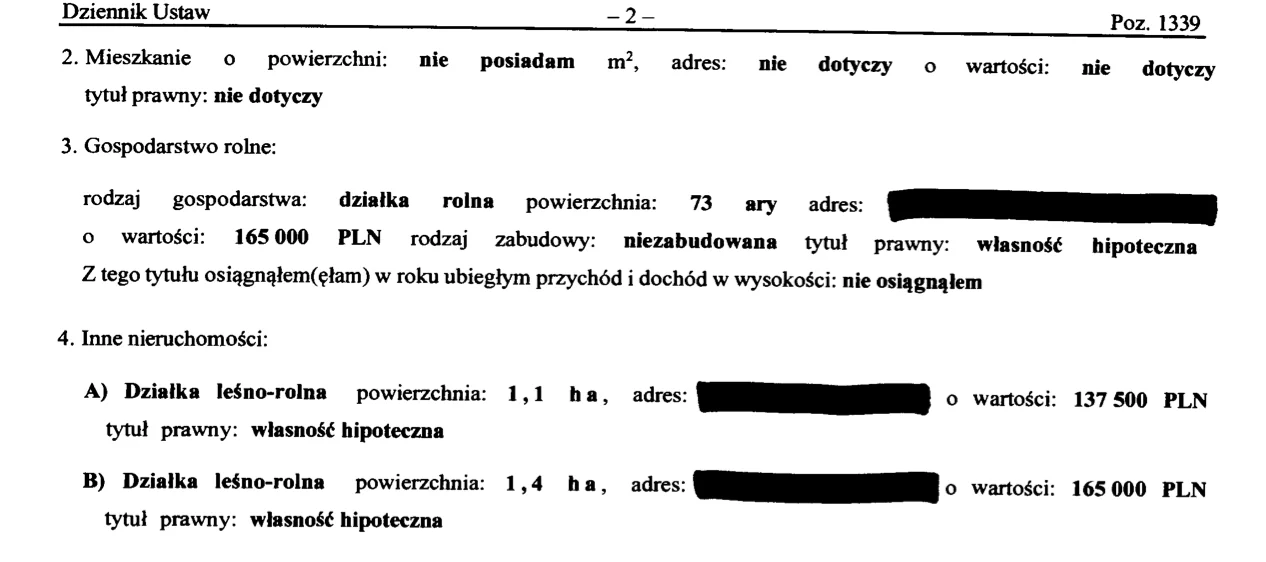 Fragment oświadczenia majątkowego Zbigniewa Ziobro 