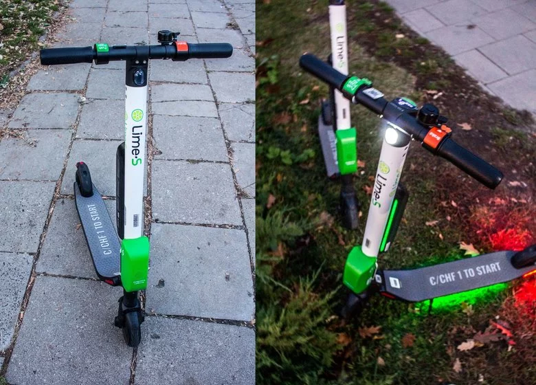 Porównanie hulajnóg  Lime w dzień i w nocy