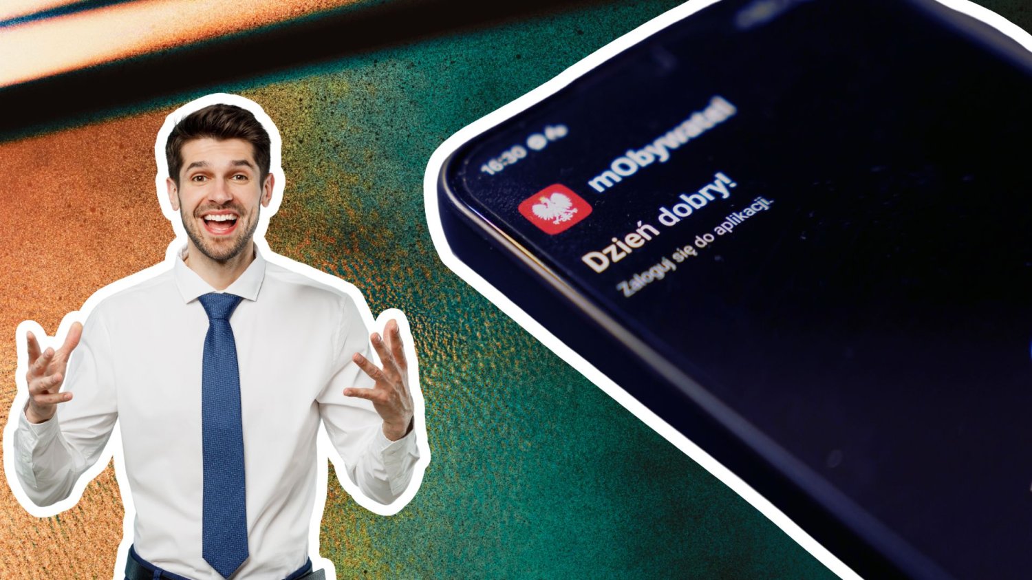 Dane z KRS już w mObywatelu. Duże ułatwienie dla biznesu Zadowolony człowiek w koszuli i krawacie oraz telefon z aplikacją mObywatel na smartfonie. mObywatel ma nową funkcję dla przedsiębiorców. Sprawdzisz wszystkie swoje spółki w chwilę