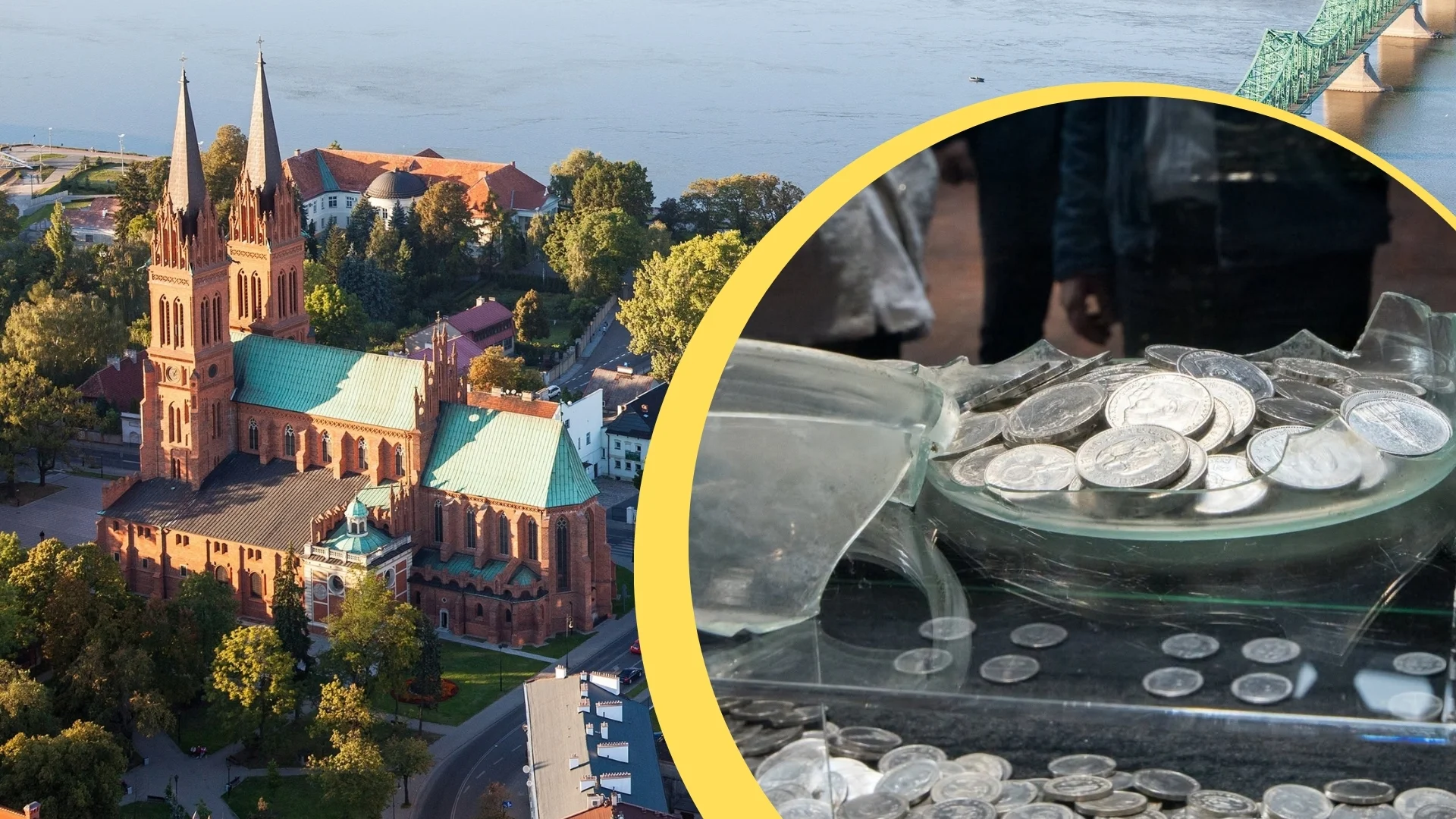 Kopali we Włocławku i znaleźli niemiecki skarb. Nietypowe miejsce na oszczędności Panorama Włocławka z lotu ptaka. Srebrne monety z zniszczonym słoju.
