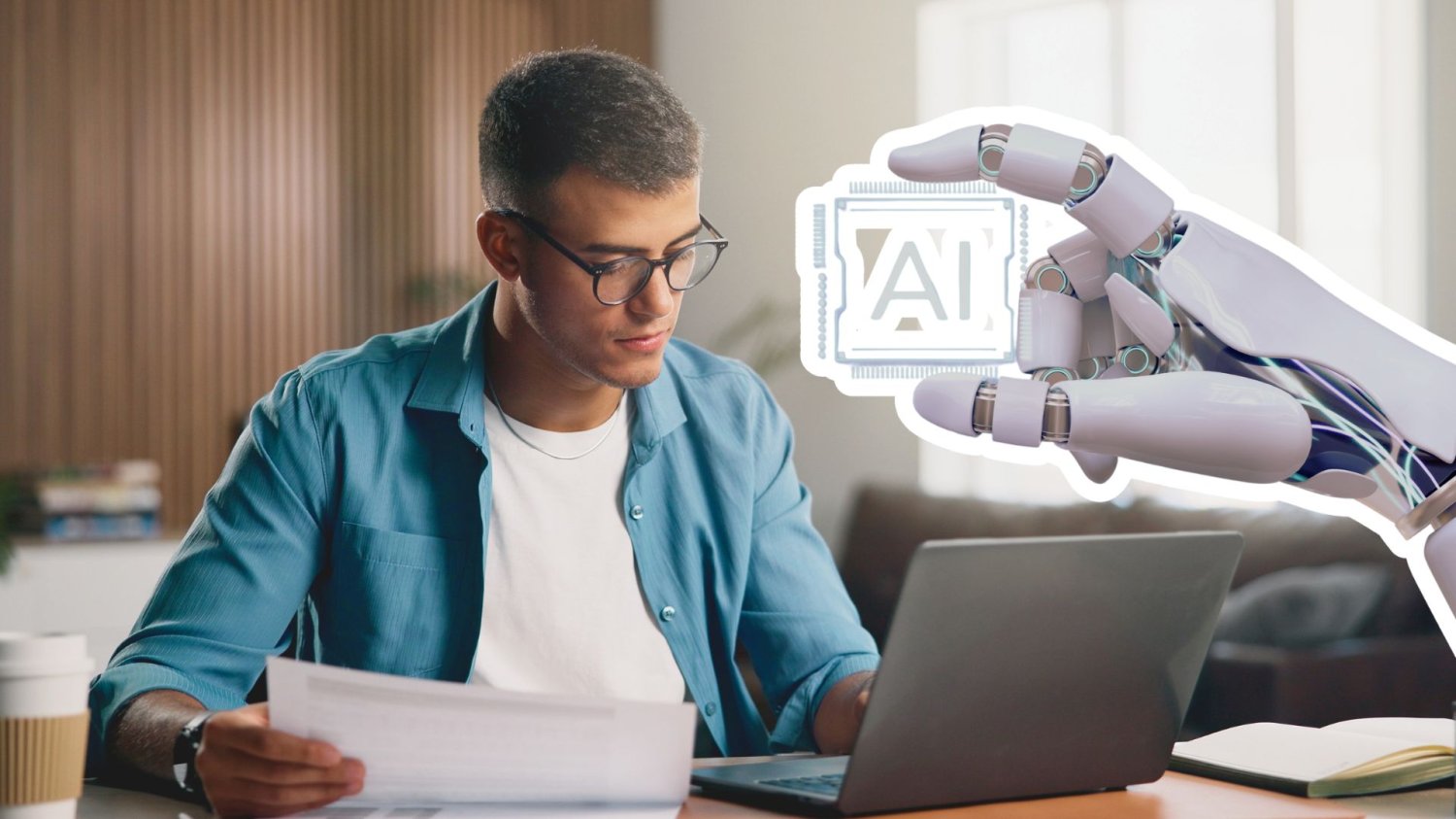 Czy AI zabierze Ci pracę? Sztuczna inteligencja już zmienia rynek nie do poznania Młody człowiek przy komputerze i ręka robota trzymająca napis AI. Czy AI zabierze Ci pracę? Mit eldorado w IT upada, a sztuczna inteligencja likwiduje staże dla młodych