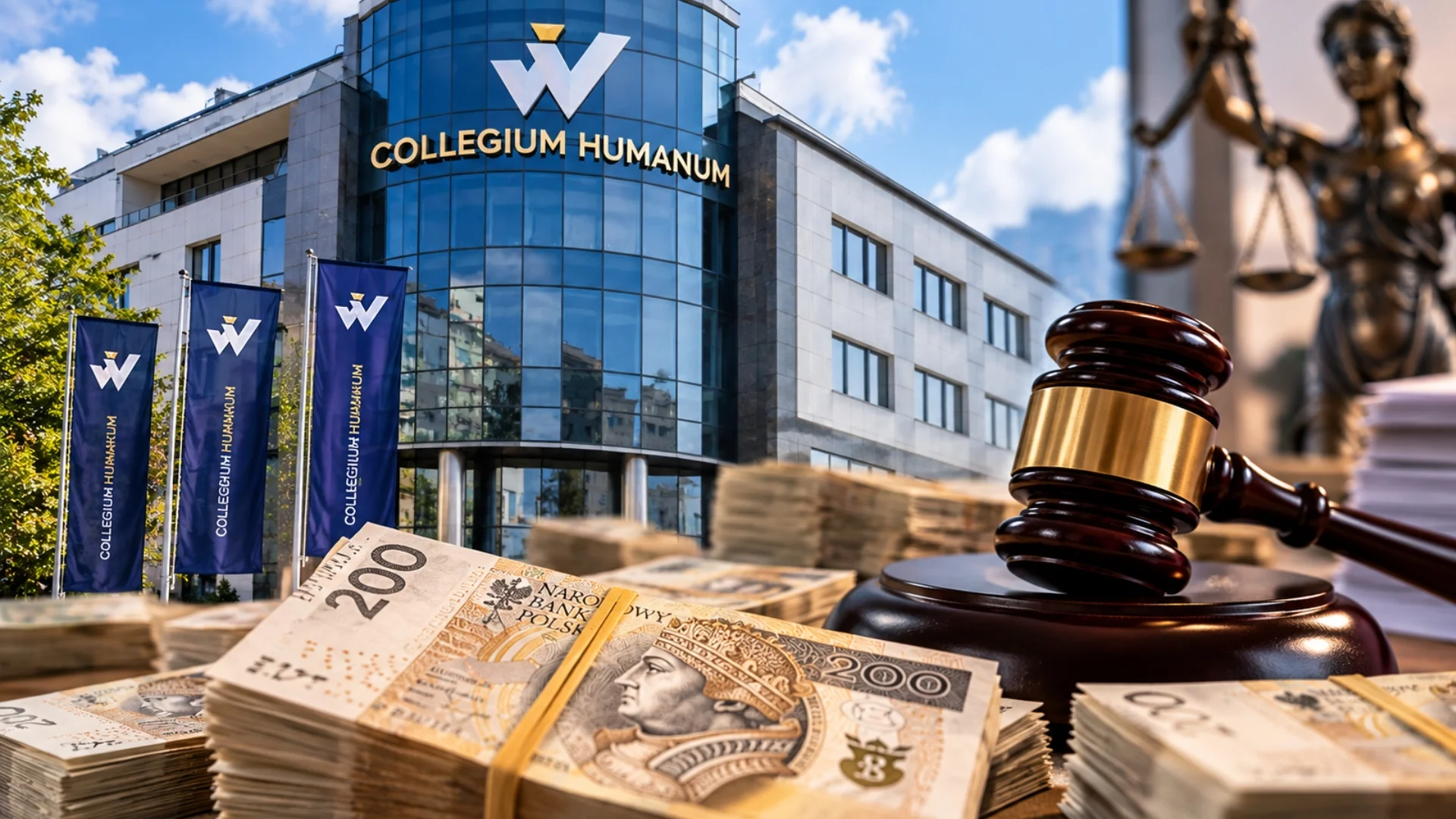 Pierwsze wyroki w aferze Collegium Humanum. Łapówki sięgały nawet 650 tys. zł Budynek Collegium Humanum, rozsypane pieniądze na pierwszych planie. W tle mlotek sadowy i znaki sądowe.