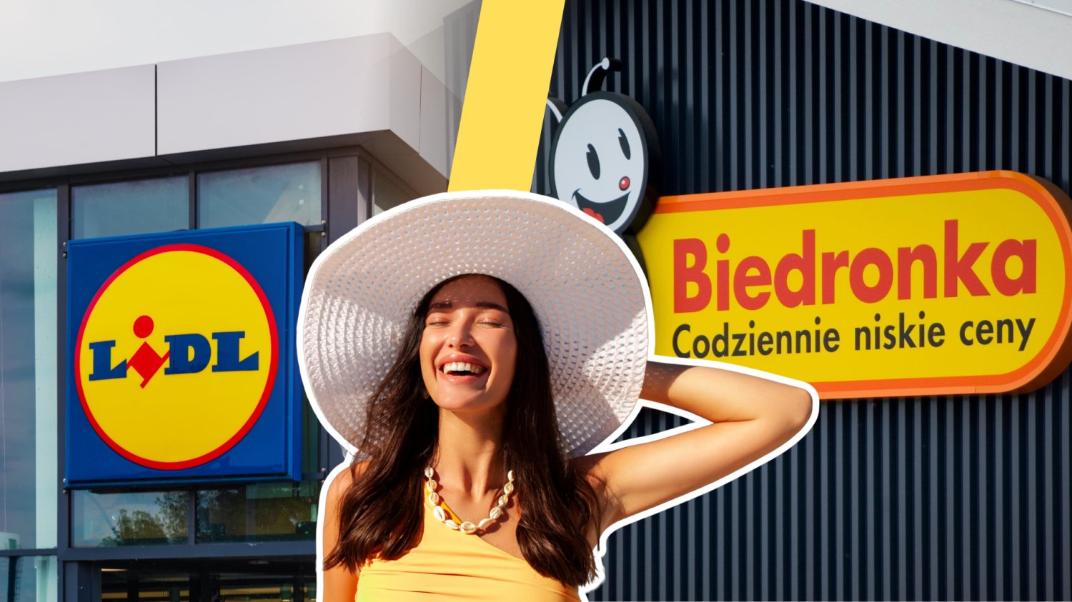 Lidl i Biedronka mają hit przed wakacjami. Klienci zaczęli polowanie last minute Kobieta w kapeluszu wakacyjnym. Po jej prawej stronie sklep Lidl a po lewej Biedronka.