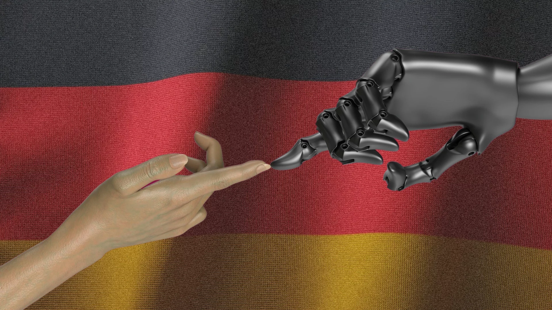 Dłoń człowieka i dłoń robota stykają się palcami wskazującymi na tle flagi Niemiec. Rząd w Berlinie wprowadza program modernizacji włączający AI do administracji.