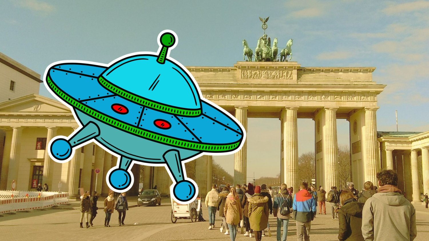 rysunek ufo na tle Bramy Brandenburskiej w Berlinie