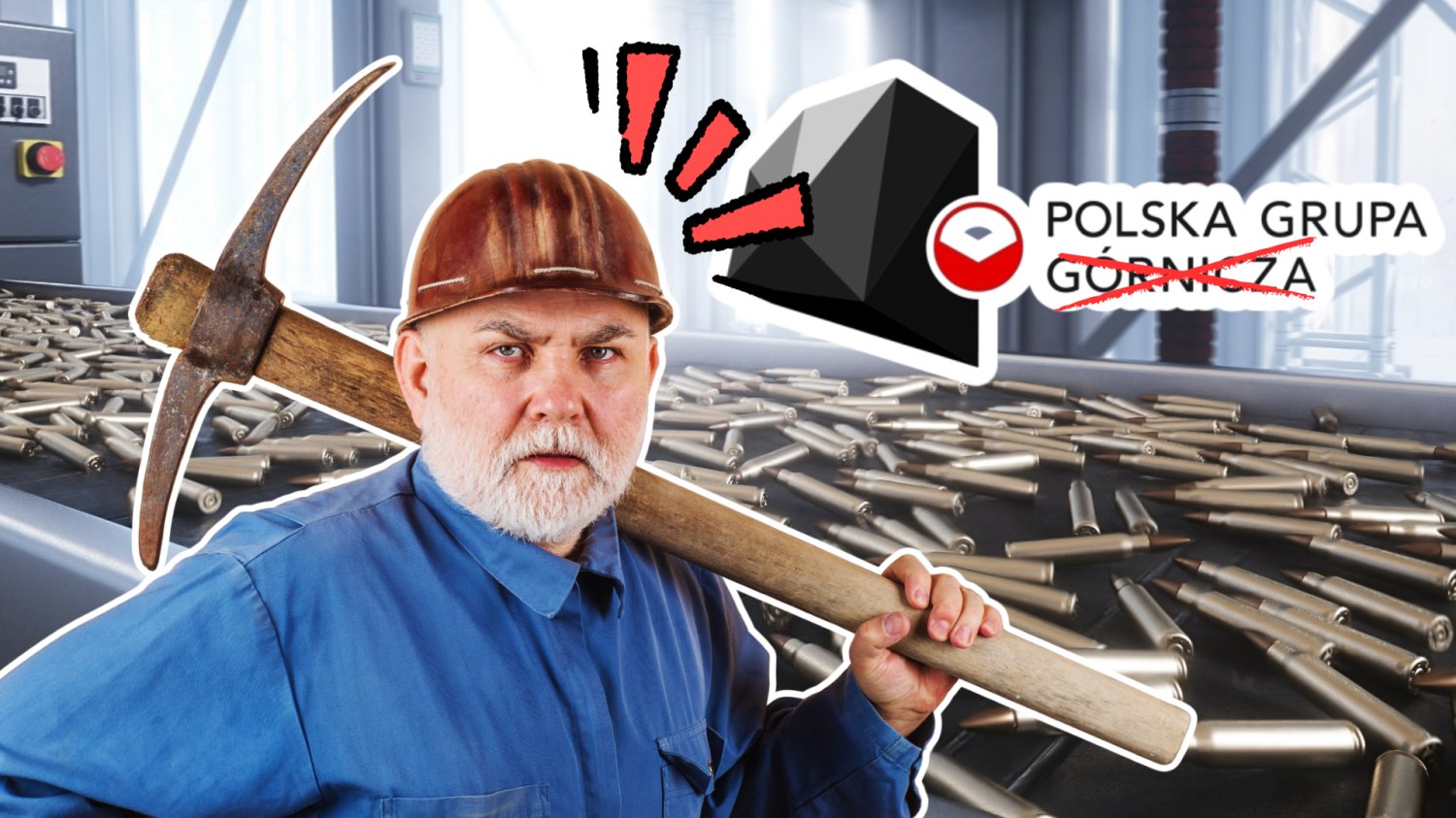 PGG z koncesją na produkcję dla wojska. Zobaczysz, jak fedruje się dla armii Zły i zaskoczony górnik. Logo PGG. W tle taśma produkcyjna z nabojami.