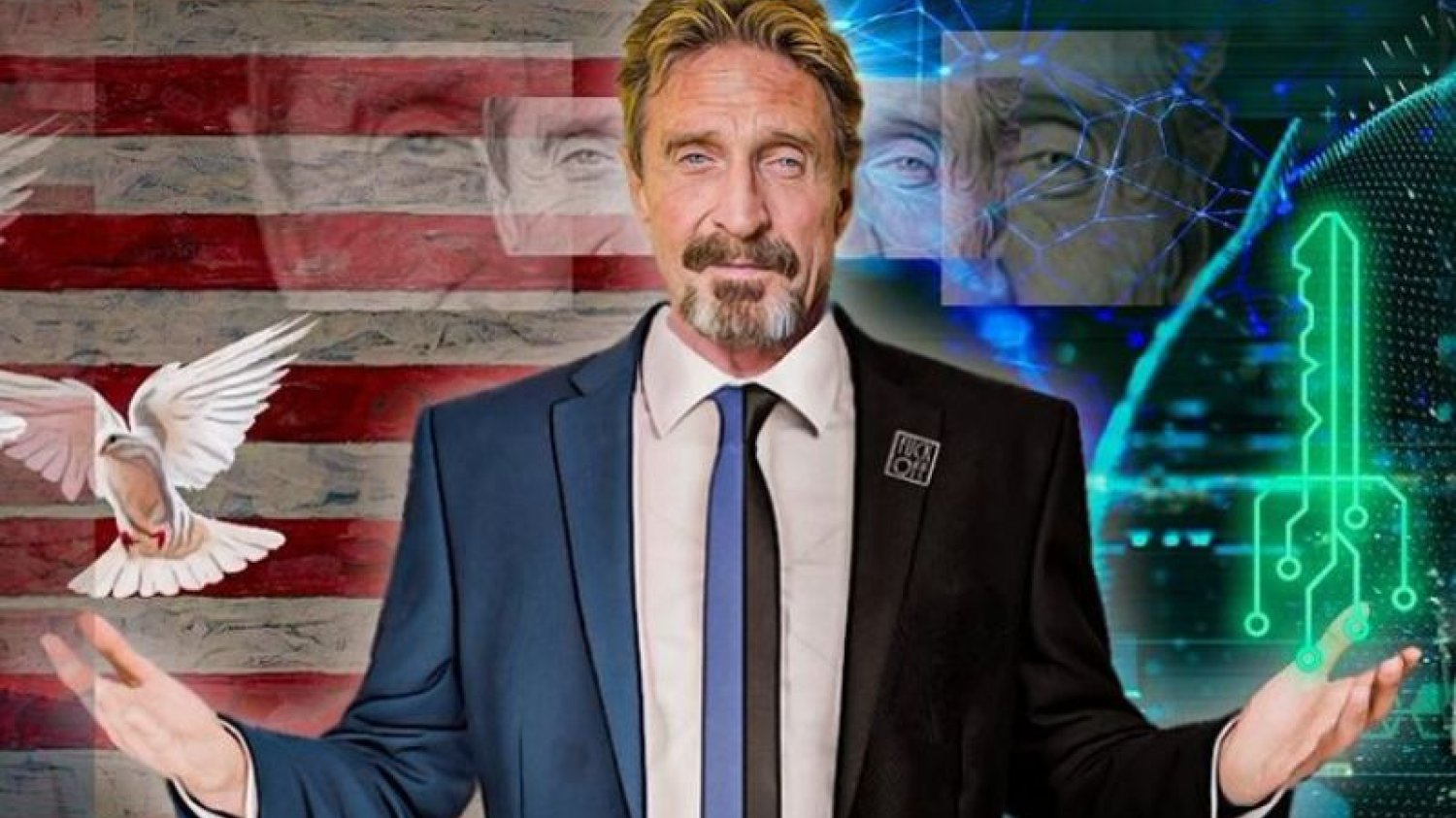 John McAfee rozkładający ręce z gołębiem i cyfrowym kluczem u boku.