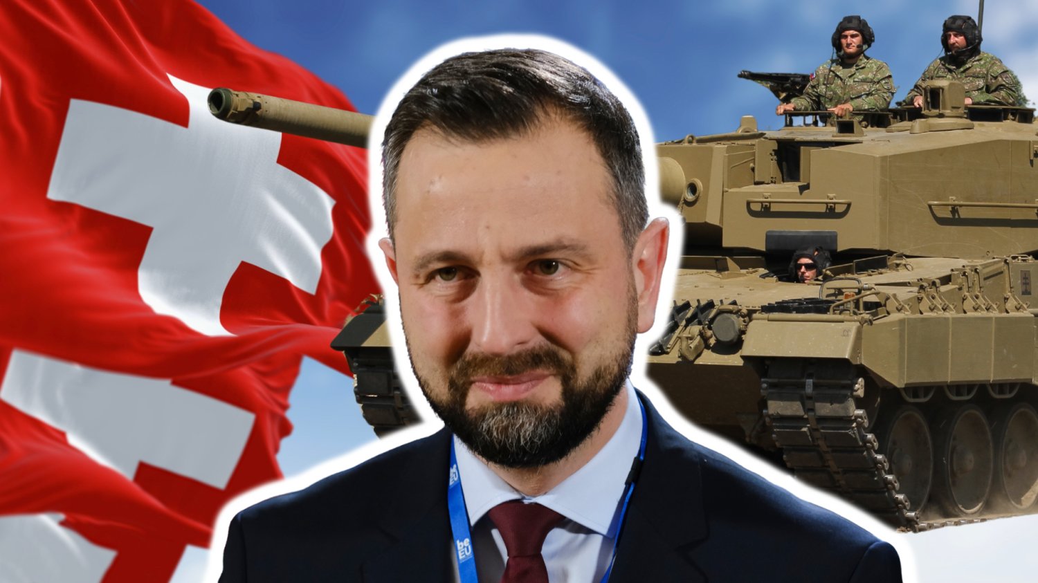 MON szykuje umowę ze Szwajcarią. Wojsko nawiązuje wspólny język bezpieczeństwa Kosiniak-Kamysz. W tle flaga Szwajcarii i czołg Leopard