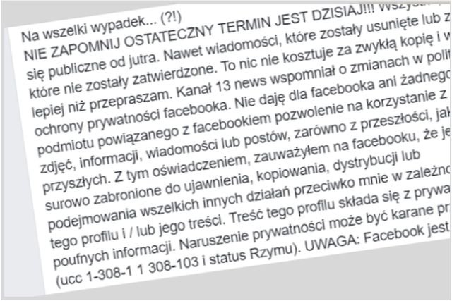 Uwaga - nie daj się nabrać na ten kolejny już łańcuszek oświadczeń dla Facebooka