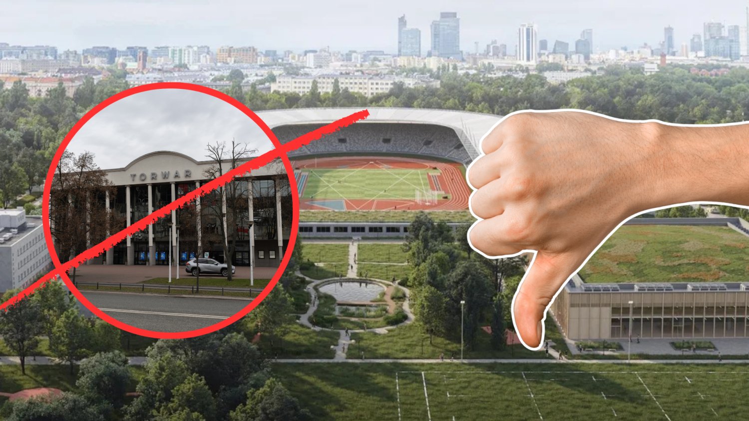 Nowa hala w Warszawie, wizualizacja. W kółku hala Torwar i przekreślone kółko. Obok łapka w dół.