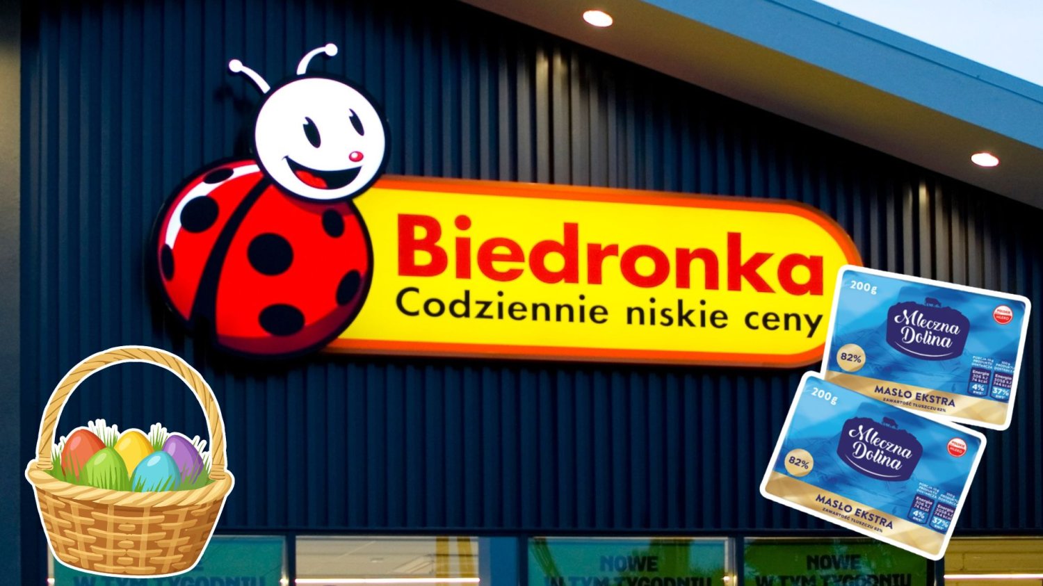 Logo sklepu Biedronka, masła Mleczna Dolina.