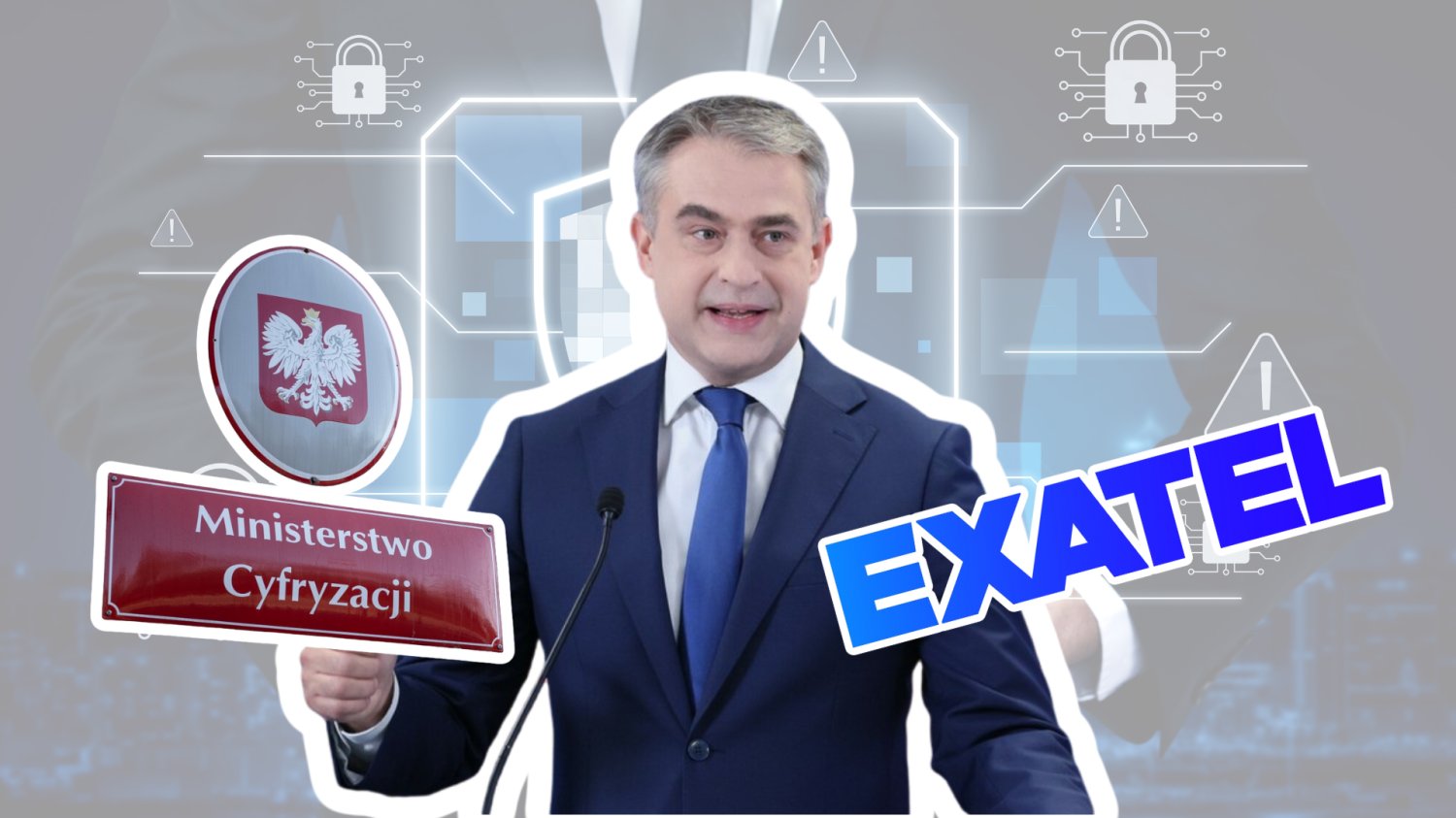 Krzysztof Gawkowski, minister cyfryzacji, ktory przemawia. Po bokach logo firmy Exatel i Logo Ministerstwa Cyfryzacji. W tle grafika o cyberbezpieczenstwie.