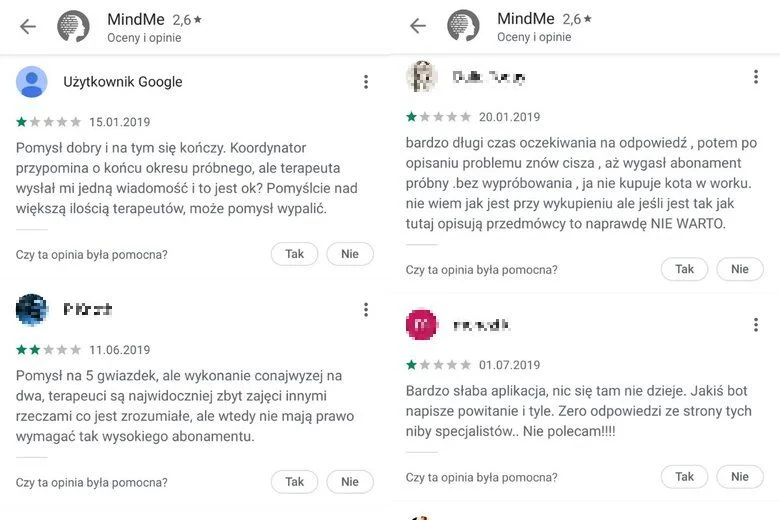 Komentarze w sklepie Google Play na temat Mind Me w większości są negatywne. Gdyby oceniać tylko na ich podstawie, można dojść do wniosku, że aplikacja w ogóle nie działa.