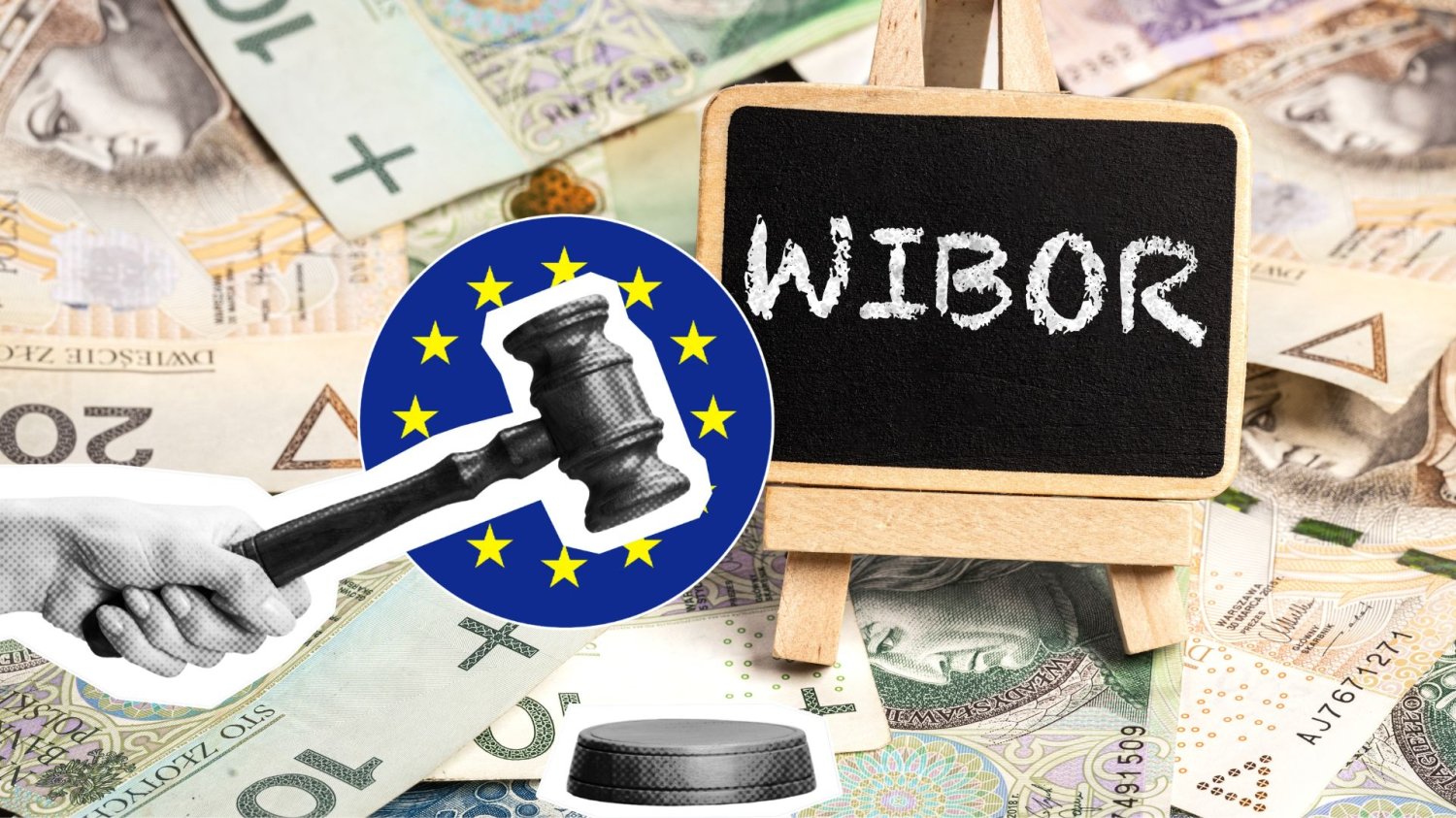 Pieniądze, tabliczka z napisem WIBOR i młotek sądu UE. TSUE wydało orzeczenie ws. czy bank musi być przejrzysty ze wskaźnikami takimi jak WIBOR.