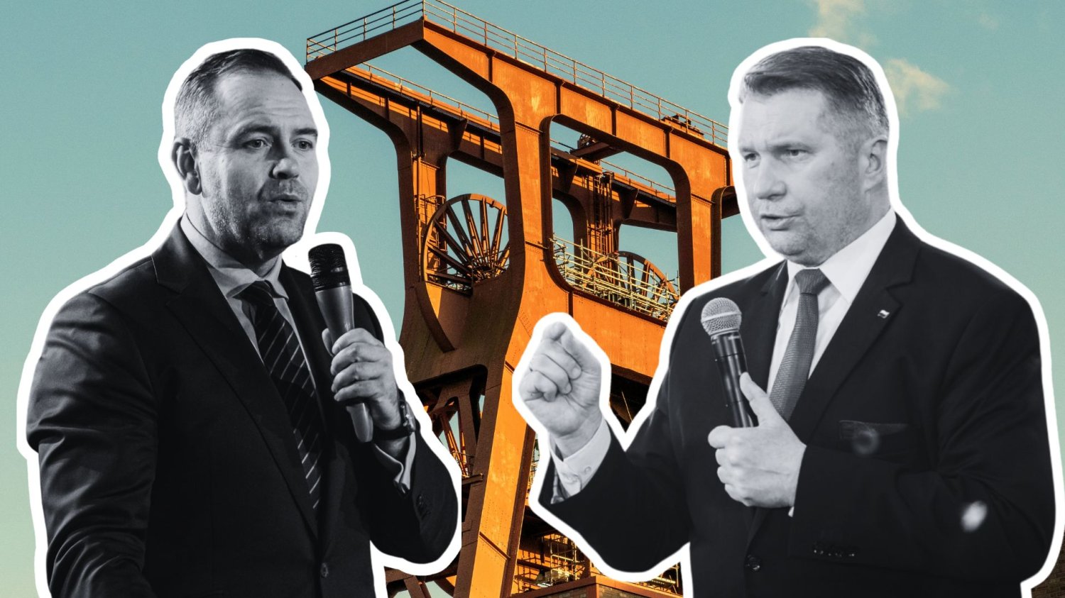 Karol Nawrocki i Przemysław Czarnek na tle kopalni