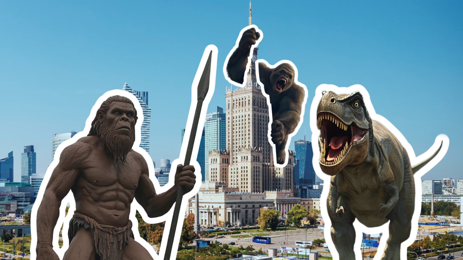 Tyranozaur biegający po ulicach Warszawy. King Kong na Pałacu kultury i neandertalczyk z dzidą przyglądający się temu. W tle centrum Warszawy
