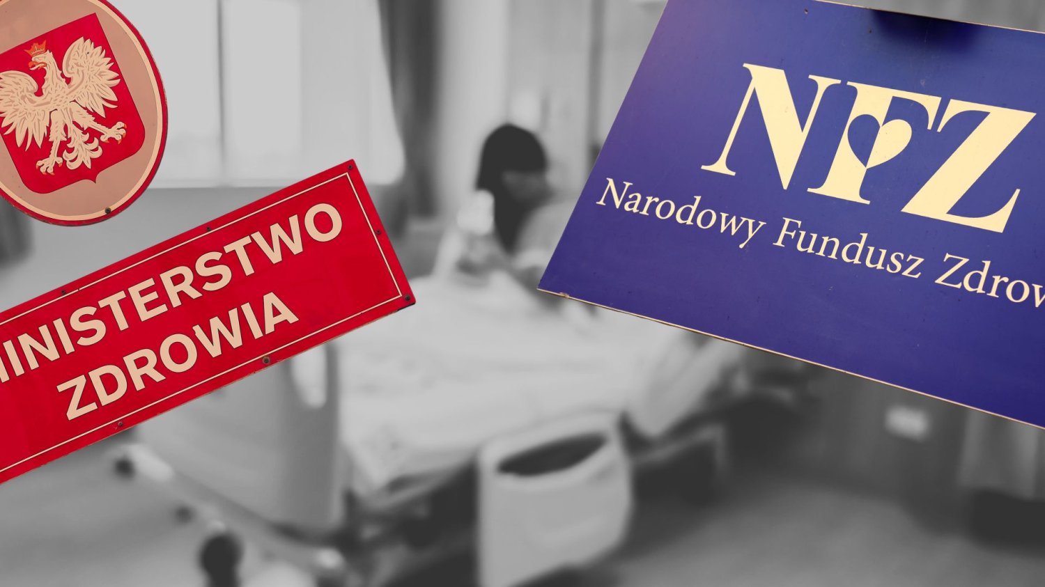 Logo NFZ oraz tabliczka z budynku Ministerstwa Zdrowia, w tle rozmazana kobieta na łóżku szpitalnym. NFZ zapłaci za likwidację łóżek. Kontrowersja ma wymusić zmiany w szpitalach
