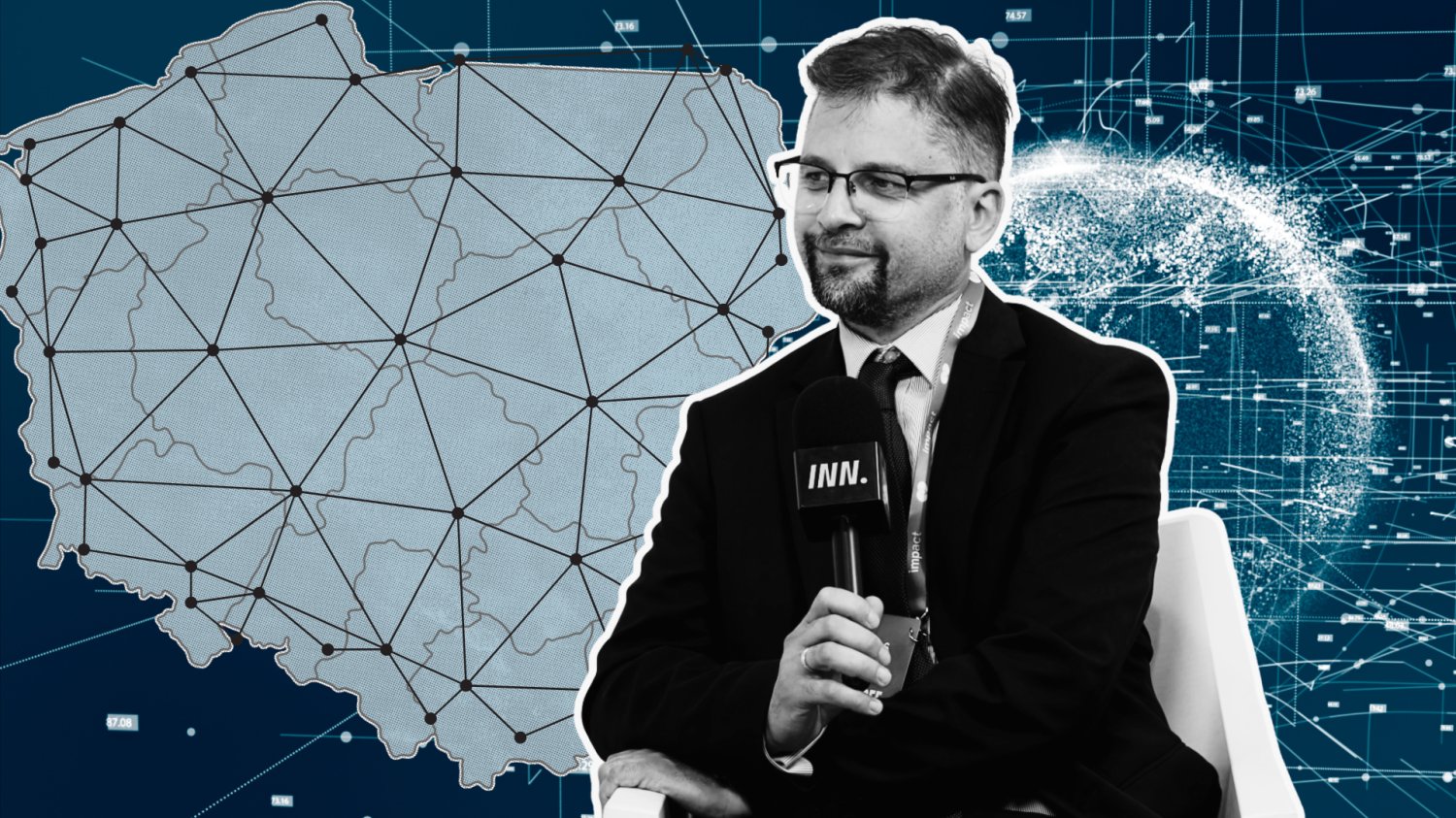 Szymon Łukasik z NASK na tle cyfrowego świata i połączonej mapy Polski.