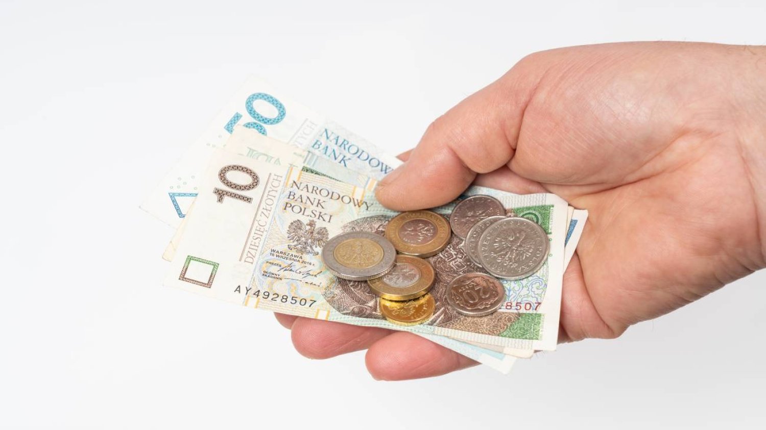 Ręka z polskimi banknotami i monetami.