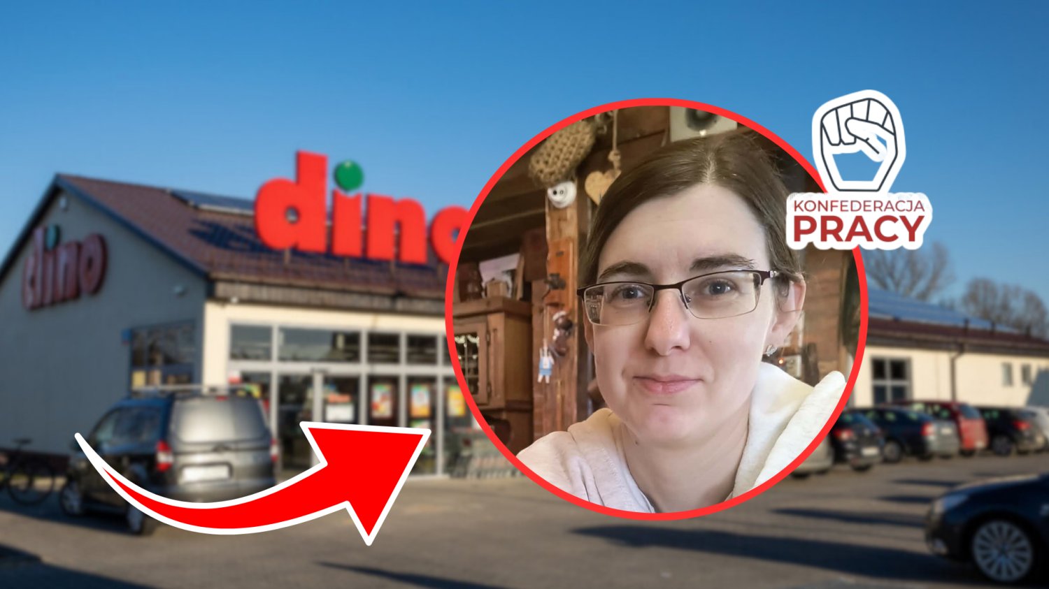 Katarzyna Kiwerska - kierowniczka sklepu Dino w Sochaczewie. W tle sklep Dino i logo OPZZ.