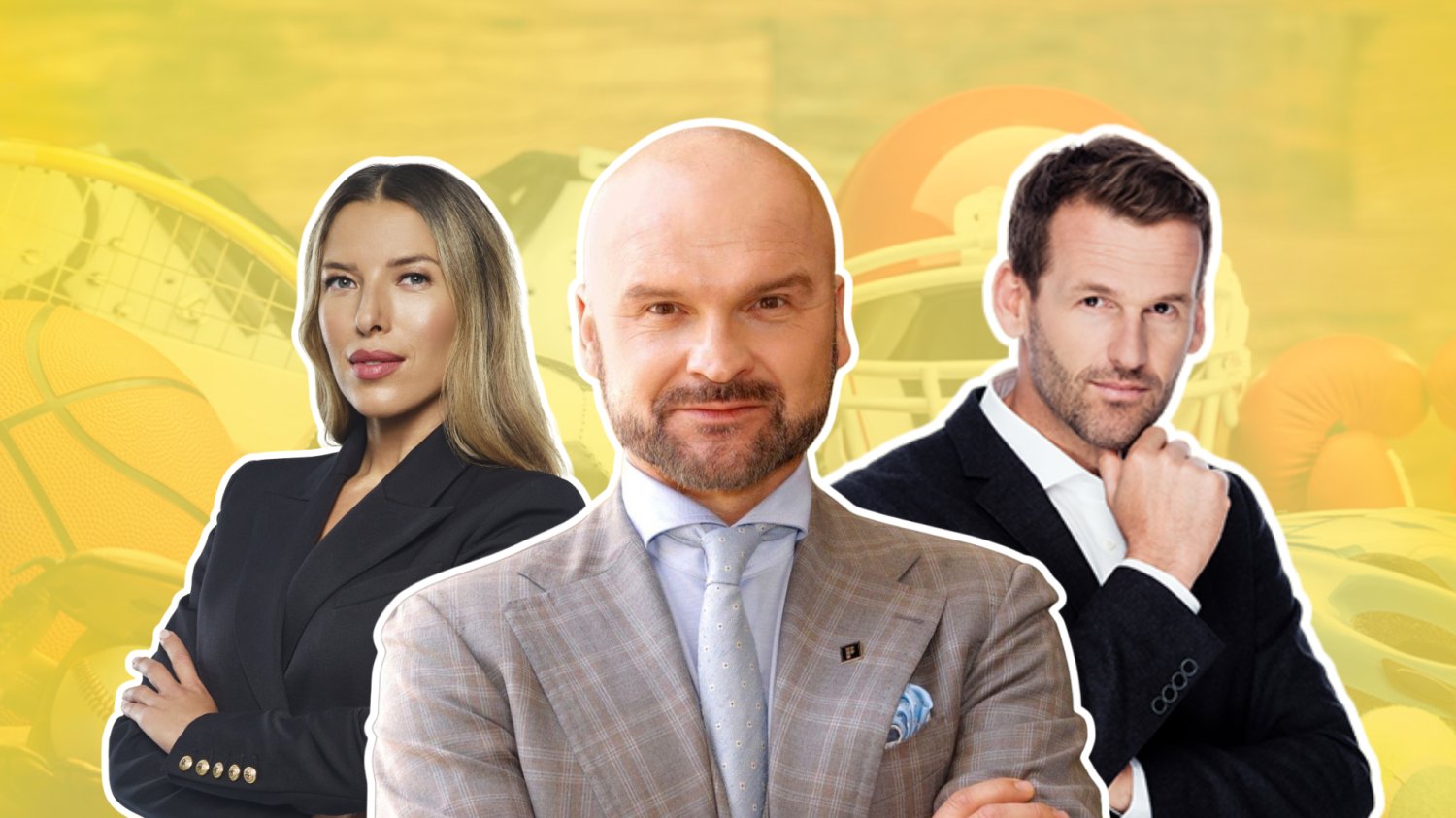 Rafał Brzoska powołuje Platformę Sportową. Koniec z sankami sprzed dekady Rafał Brzoska. Ewa Chodakowska. Mateusz Kusznierewicz. W tle grafika z różnymi dyscyplinami sportowymi.